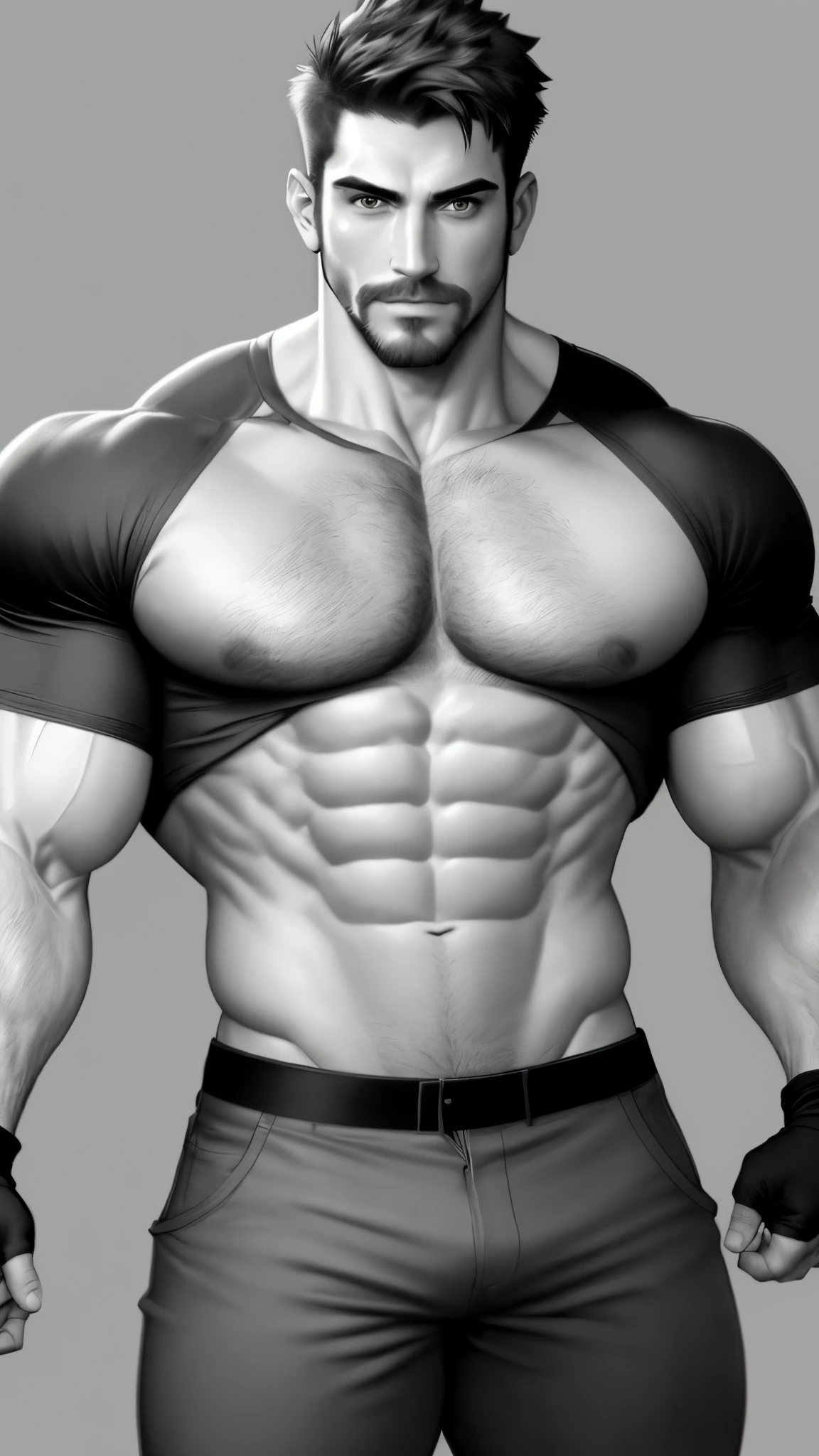 masterpiece, best quality, sketch, solo, facial hair, 1boy, muscular, bara, mature male, taut shirt, short hair, large pectorals, tight shirt, monochrome, fingerless gloves, covered abs, stubble, looking at viewer, pants, cropped legs, thick eyebrows, biceps, greyscale