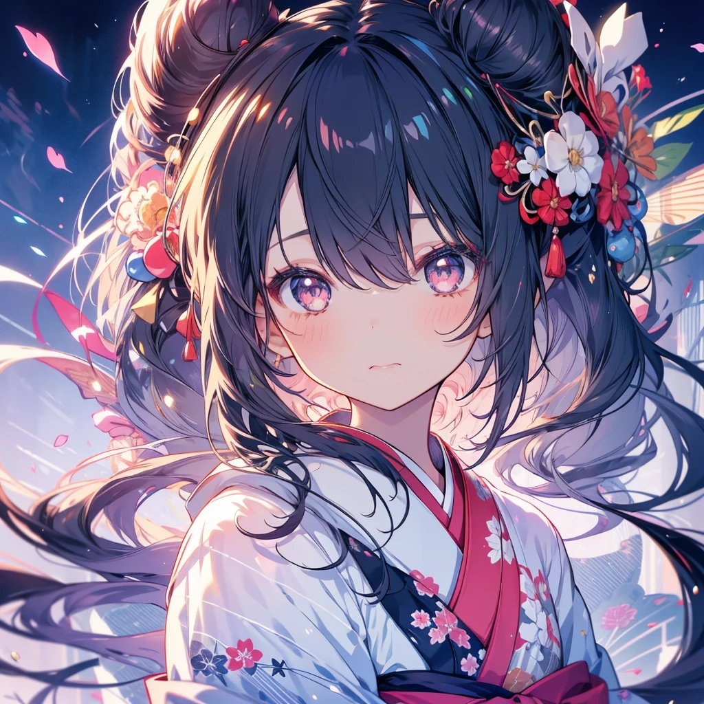 1 girl in, jpn, kimono, Have a fan, Bun, Beautiful fece, delicate, kawaii, A dark-haired, Slender eyes, ((head to waist)), Masterpiece, top-quality, An ultra-high picture quality