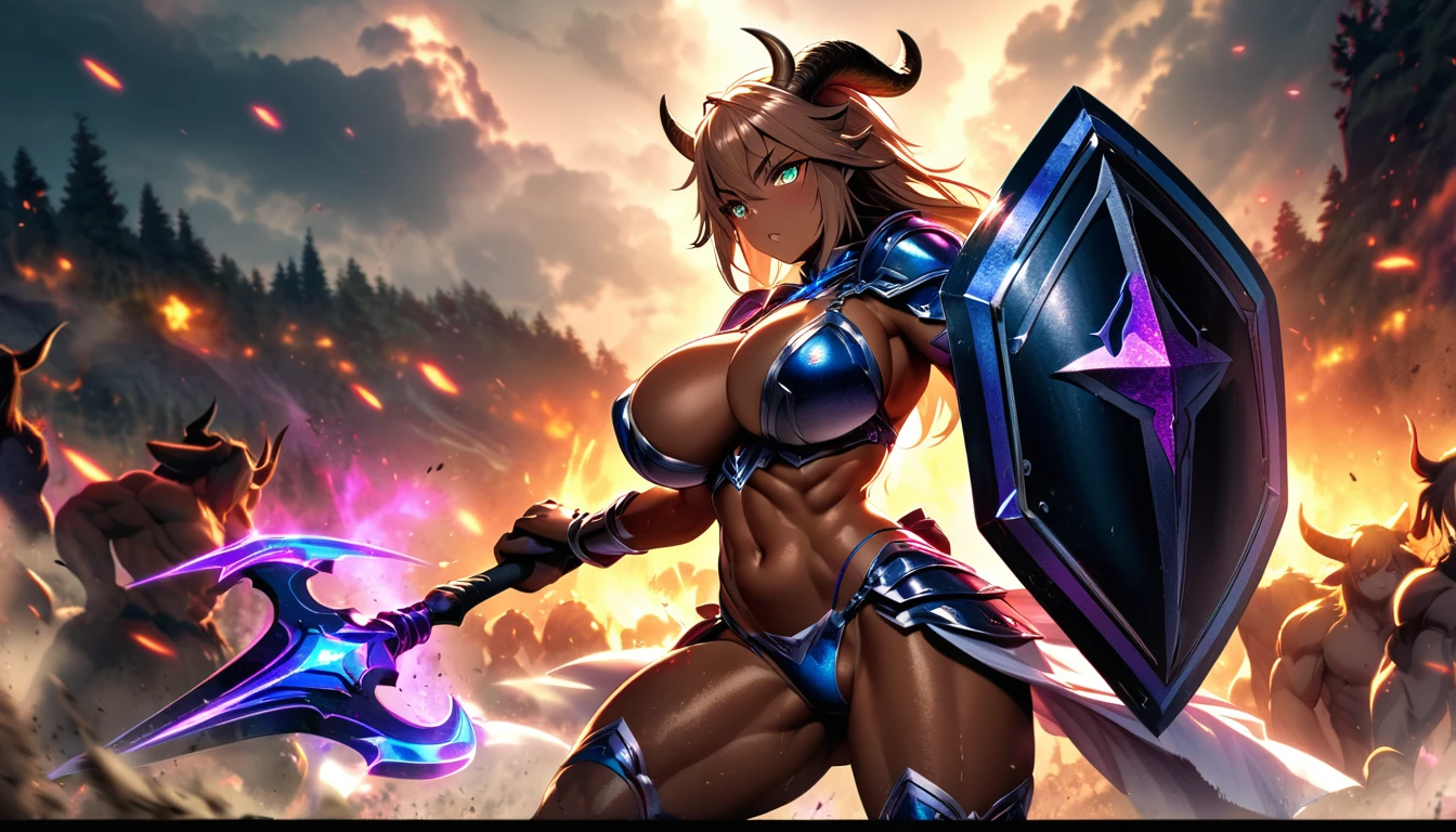 Minotaur female horns big breast Breast expansion bikini armor muscle sexy dark skin strong battle ax shield wilderness HDR vibrant colors, soft lighting full-body shot