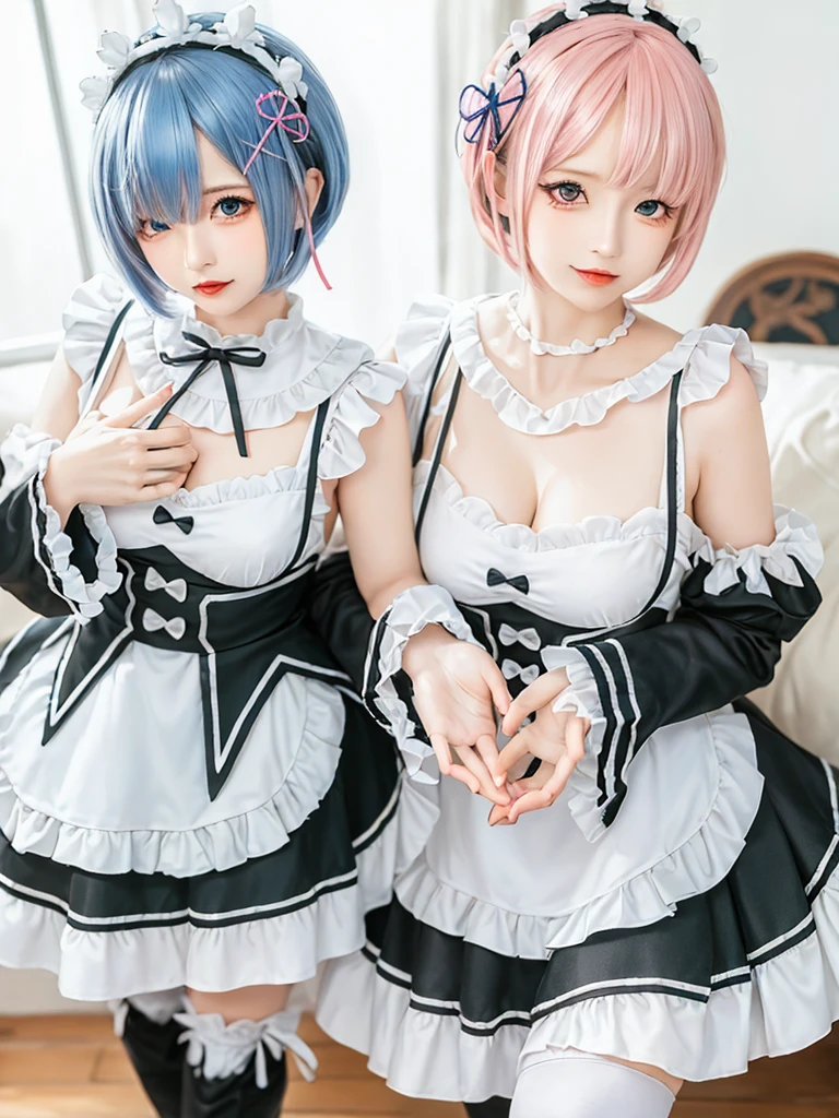 (8K, Photorealistic, Raw photo, of the highest quality: 1.3), (1girl in), Super beautiful, (Realistic face), (boyish, pink Color Berry Shorthair), Beautiful , Glare that captivates the viewer, Beautiful expression, Beautiful breasts, (Realistic skin), Be...Create a detailed and colorful image of Ram and Rem from Re:Zero, standing back-to-back in their maid outfits, with a magical fantasy background、14years old, two girls,cute, perfect face, beautiful, nice body, gothic lolita clothes, gothic lolita fashion, frilly skirt, headdress, necklace, bracelet, knee-high socks, boots, double eyelids, tear bags, Detailed down to the fingers, photo-like description, indoors, dim indoor lighting, one girl is pink hair and short bob, another girl is light blue hair and short bob,standing,whole body, composition that shows the whole body, smiling,The Both of them are wearing the same type of maid outfit,Optimal ratio of 4 fingers and 1 thumb