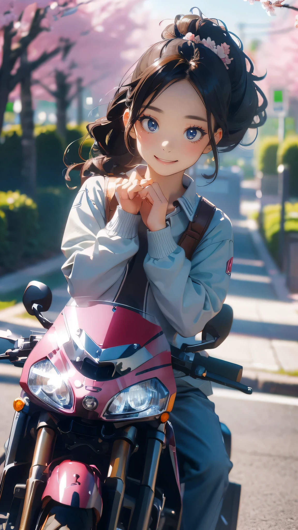 (girl riding a motorcycle:1.2),A park where cherry blossoms dance,high school girl,(random cute pose),(random hairstyle),(Highest image quality,(8K), Ultra-realistic, Best Quality, High quality, High Definition, high quality texture, high detailing, Beautiful detailed, fine detailed, extremely details CG, Detailed texture, realistic representation of face, masterpiece, presence)