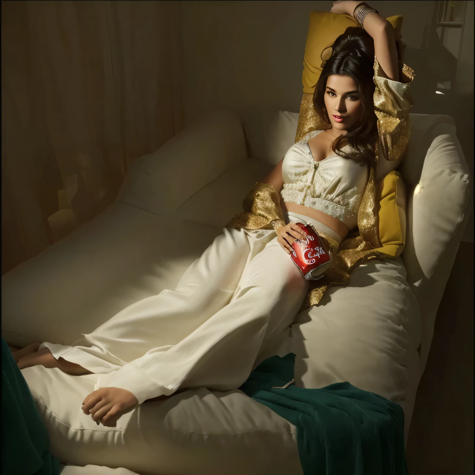 mesa con una lata de Coca Cola, woman lying on the sofa while watching television, con ropa comoda, mejora la imagen, that the 5 fingers of the hand appear and the Coca Cola can is larger and clearer, la mujer tiene la lata de Coca Cola apoyada en el sofa, no en la mano
