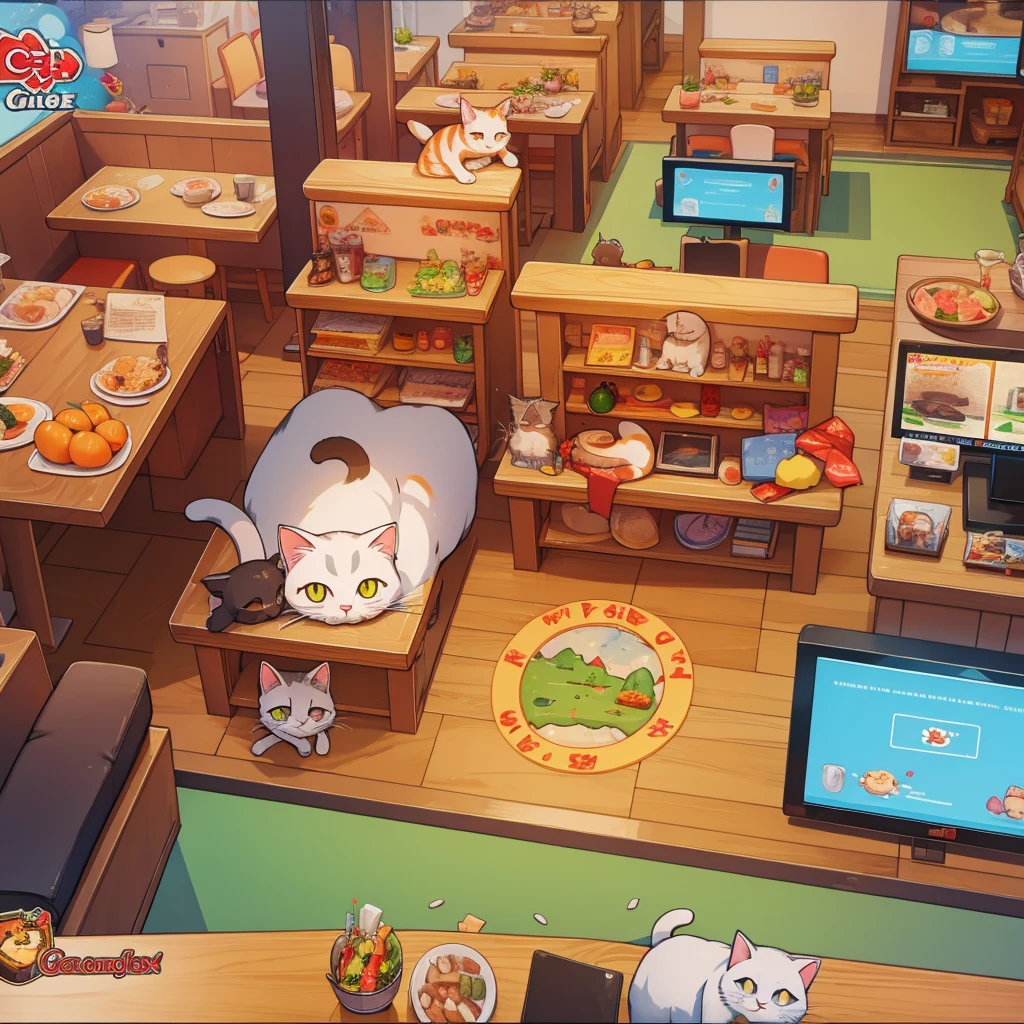 Cat Restaurant, Simulation games, Game screen, meow, chibi, cats, Birds-eye view, miniscape,