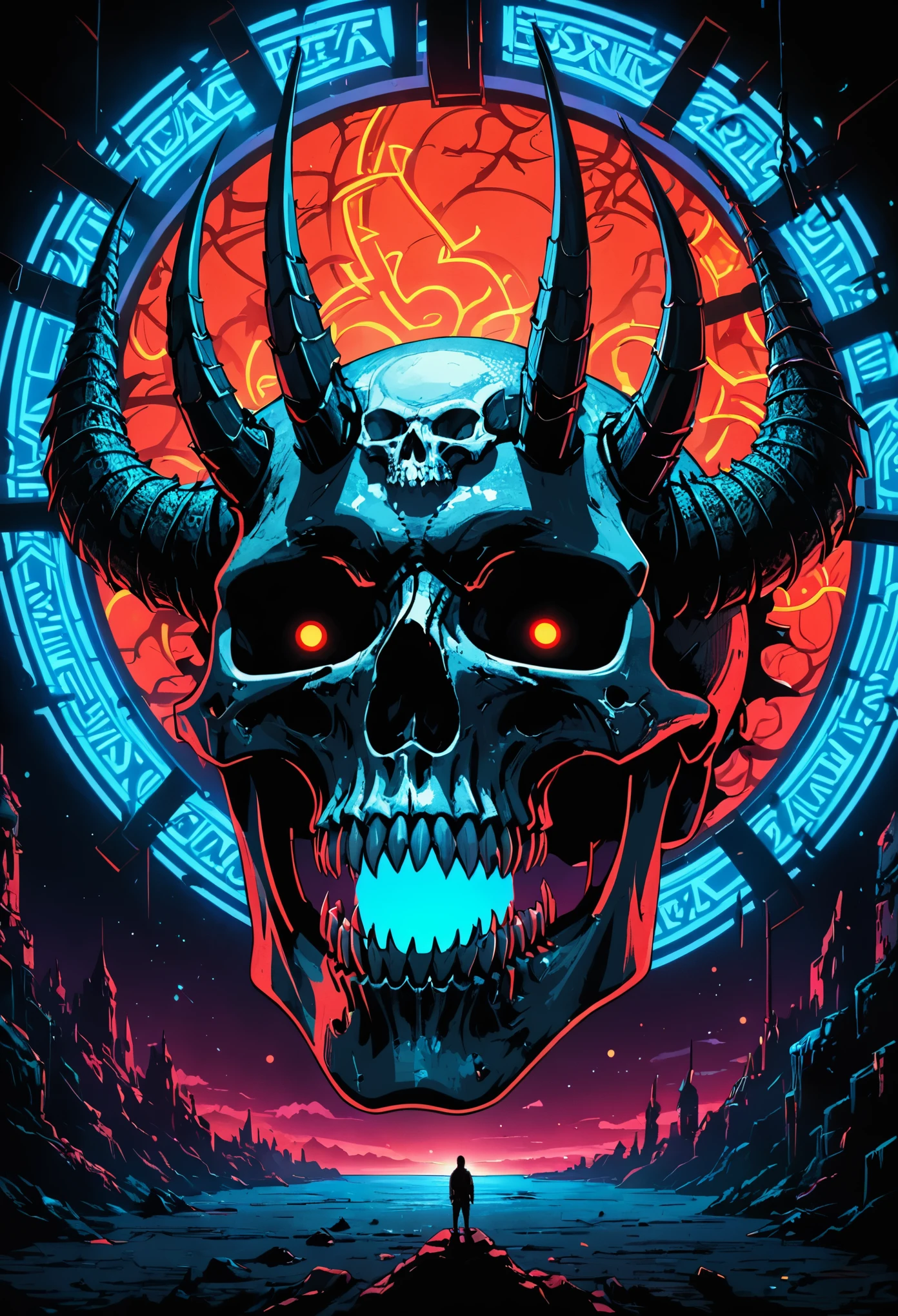 Surrealism, drop shadow, anaglyph, stereogram, tachi-e, pov, atmospheric perspective, 8k, super detail, ccurate, best quality,With glow horns、Close-up of a skull with a red head, Dragon Portrait, by Rostland, Benedict Barna, Morel,(((Multi-metal ring ornaments))),Miracle,Dark atmosphere,Black Forest,((neon glow light)),((Blue arc)),dragon features,Dragon skull,Jewelry accessories,diffraction spikes,Vivid colors、Bokeh、portrait、landscape、fear、cartoon、Sci-fi fi,photography,Concept Artist,Steel Claws,Steel Fangs,word graffiti,Blue Arc Link,Metal chain,