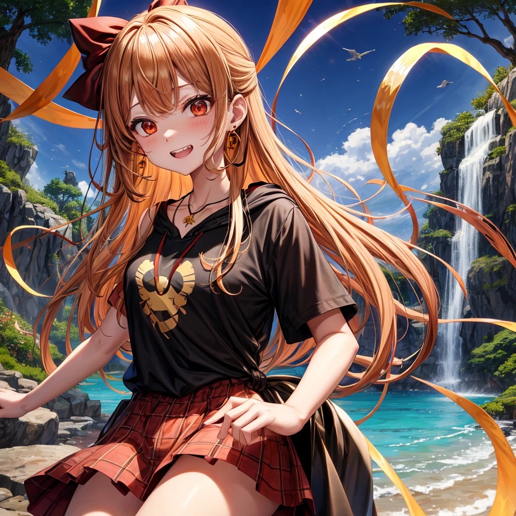 Brown, red, gold, golden hair、Red eyes、One good looking girl、solo、anime、Checkered mini skirt、Black camisole、Black T-shirt、hoodie、Wearing a ribbon、Ribbon on waist、Crystal Earrings、Gemstone Necklace、Light and shadow、Tilting face、Teeth are visible、waterfall、Kuroko、tunnel、pylon、Sunset sky、Towering、frilled lizard、light、flash、Barrel