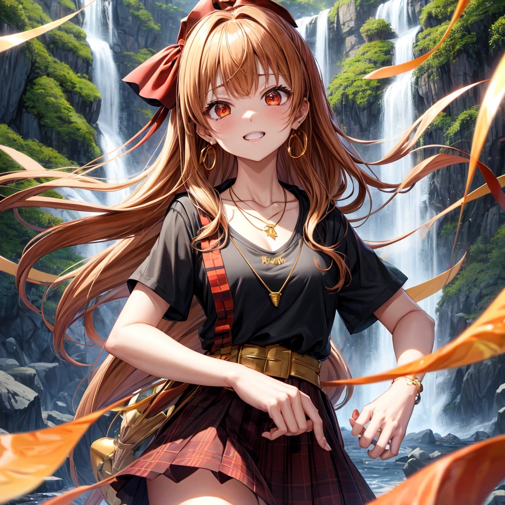 Brown, red, gold, golden hair、Red eyes、One good looking girl、solo、anime、Checkered mini skirt、Black camisole、Black T-shirt、hoodie、Wearing a ribbon、Ribbon on waist、Crystal Earrings、Gemstone Necklace、Light and shadow、Tilting face、Teeth are visible、waterfall、Kuroko、tunnel、pylon、Sunset sky、Towering、frilled lizard、light、flash、Barrel
