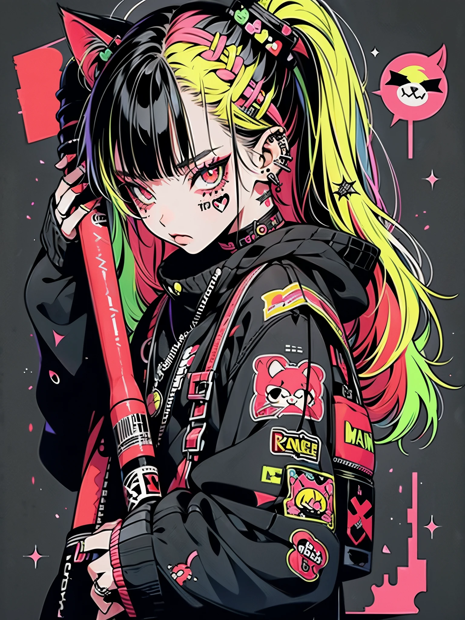 Punk rock emo girl, Neko, wolf girl, long neon yellow hair in pigtails, tattoo sleeves and piercings, Red eyes, slender, skinny, short, Harajuku-inspired punk clothes, no twins, one person