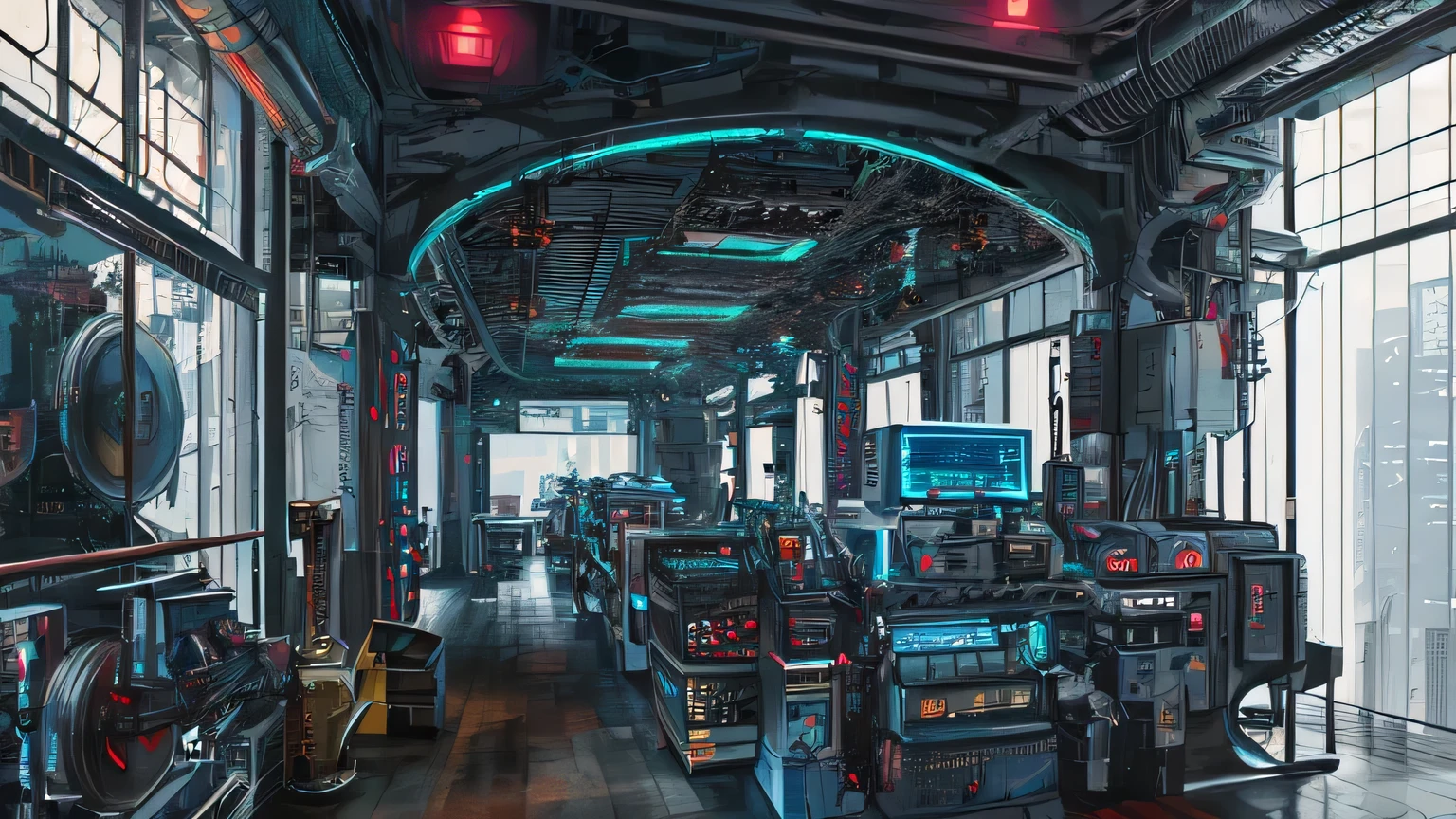 Craft an image of a cyberpunk cityscape adorned with global illumination, casting intricate shadows through Octane Render technology in stunning 8K resolution. Envision ultra-sharp metal surfaces embellished with detailed ornaments, characterized by cold hues and Egyptian-inspired motifs. Incorporate highly intricate elements throughout, ensuring realistic lighting effects that trend on CGSociety, including glowing neon lights and mechanical vessels intricately linked by tubes. Integrate mechanical structures like cervical attachments and wires connecting to machinery, all set against the backdrop of a striking red umbrella.