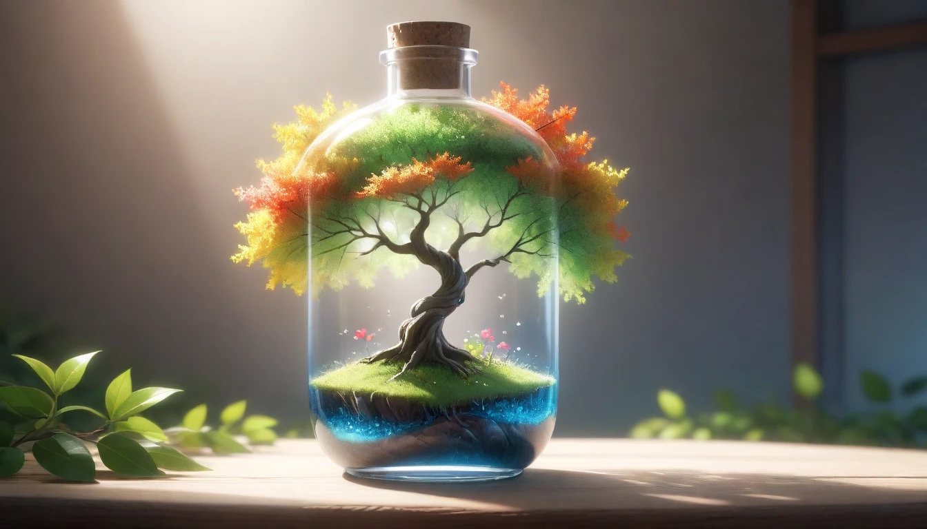 dream-likeart tree in a bottle, fluffy, Realistic, photograph, Canon, dream-like, art, Colorful leaves and branches with flowers on top. hyperdetailed photographrealism by greg rutkowski - h 1024 w 804 | f16 lens mark 2:2 seconds 3555mm film grain :1 Realistic high resolution sharp focus contrast!! intricate detailed atmospheric light refraction lighting unreal engine 5 cinematic concept photographgraphy masterpiece octane render trending at cgsociety rendered as