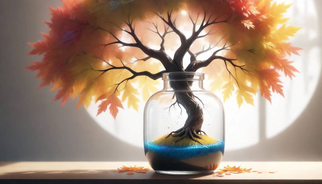 dream-likeart tree in a bottle, fluffy, Realistic, photograph, Canon, dream-like, art, Colorful leaves and branches with flowers on top. hyperdetailed photographrealism by greg rutkowski - h 1024 w 804 | f16 lens mark 2:2 seconds 3555mm film grain :1 Realistic high resolution sharp focus contrast!! intricate detailed atmospheric light refraction lighting unreal engine 5 cinematic concept photographgraphy masterpiece octane render trending at cgsociety rendered as