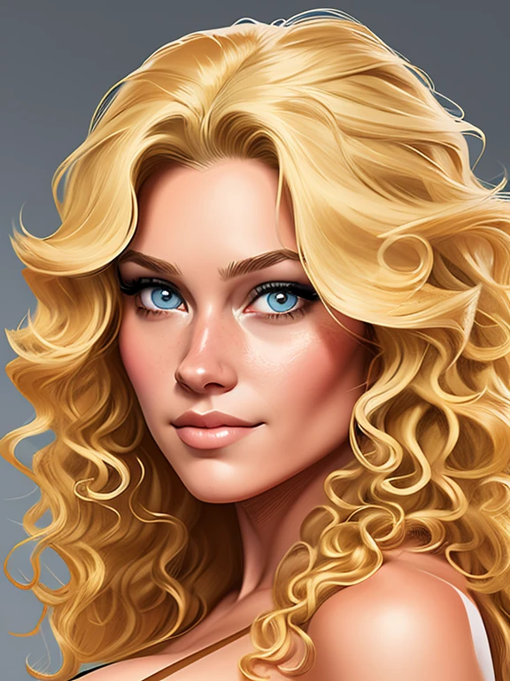 digital drawing of a blonde woman, curly hair, with a doubtful expression, 4k, comic babes