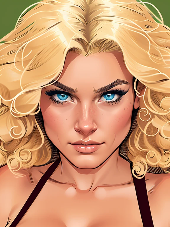 digital drawing of a blonde woman, curly hair, with a doubtful expression, 4k, comic babes