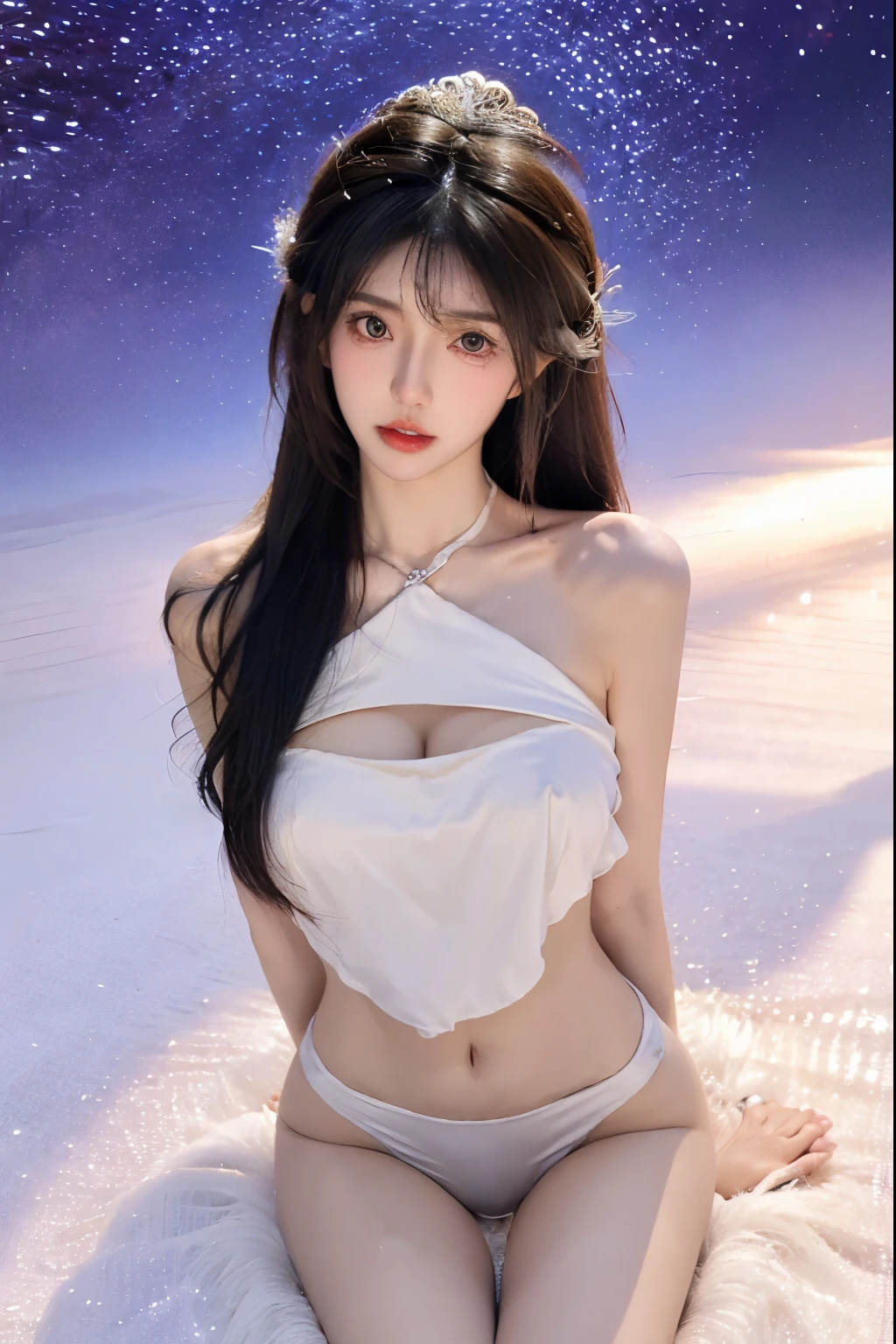 Beautiful woman with perfect body：1.4，Layered Hairstyle，Prominent cleavage：1.5，Highly detailed face and skin textures，Double eyelids，Skin Whitening，Long hair，Whitened long legs，Snow white bellyband，Sexy goddess