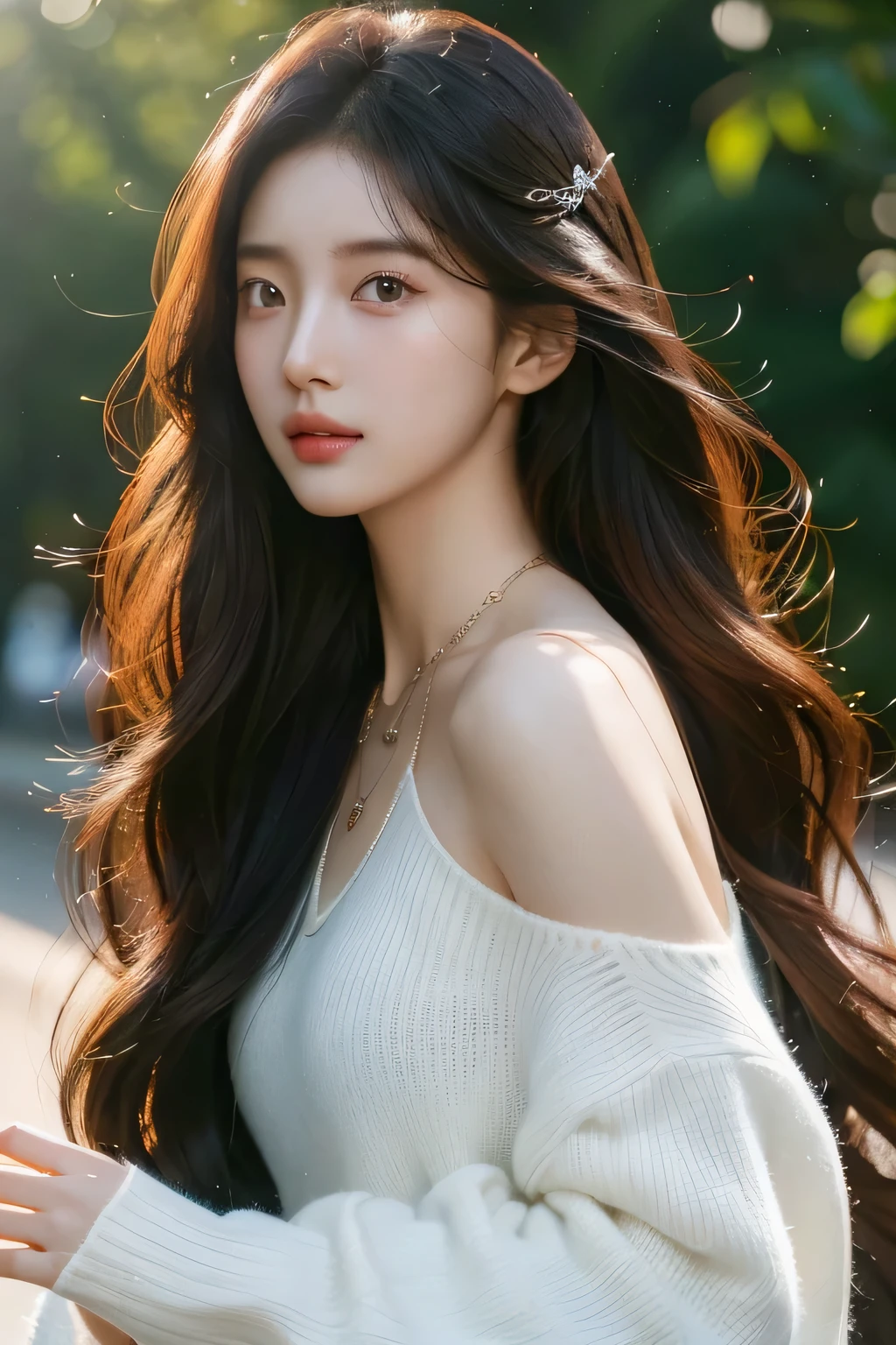 8k, masterpiece, original photo, best quality, Reality, Extremely detailed CG Unity 8K wallpaper, Depth of Field, Movie Lighting, lens flare, Ray Tracing, (Extremely beautiful face, Beautiful lips, beautiful eyes), Intricately detailed face, ((Ultra-delicate skin), Beautiful 1 girl best quality photos， Ultra-high resolution， （Realistically：1.4），Cute hairpin，1 girl，Red long hair,Cropped sweater ，Beautiful slim woman:1.4, on the island,Super thin face，Exquisite eyes，double eyelids，Necklace