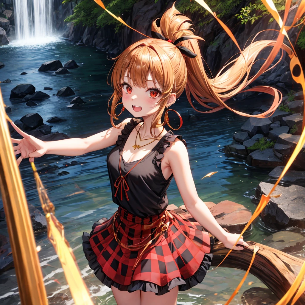 Brown, red, gold, golden hair、Red eyes、One good looking girl、solo、anime、Checkered mini skirt、Black camisole、Black T-shirt、hoodie、Wearing a ribbon、Ribbon on waist、Crystal Earrings、Gemstone Necklace、Light and shadow、Tilting face、Teeth are visible、waterfall、Kuroko、tunnel、pylon、Sunset sky、Towering、frilled lizard、light、flash、Barrel