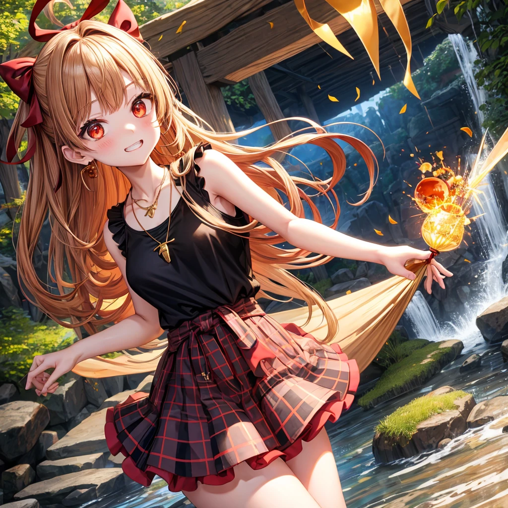 Brown, red, gold, golden hair、Red eyes、One good looking girl、solo、anime、Checkered mini skirt、Black camisole、Black T-shirt、hoodie、Wearing a ribbon、Ribbon on waist、Crystal Earrings、Gemstone Necklace、Light and shadow、Tilting face、Teeth are visible、waterfall、Kuroko、tunnel、pylon、Sunset sky、Towering、frilled lizard、light、flash、Barrel