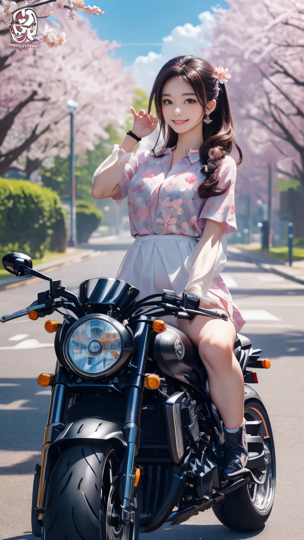 (girl riding a motorcycle:1.2),A park where cherry blossoms dance,high school girl,(random cute pose),(random hairstyle),(Highest image quality,(8K), Ultra-realistic, Best Quality, High quality, High Definition, high quality texture, high detailing, Beautiful detailed, fine detailed, extremely details CG, Detailed texture, realistic representation of face, masterpiece, presence)