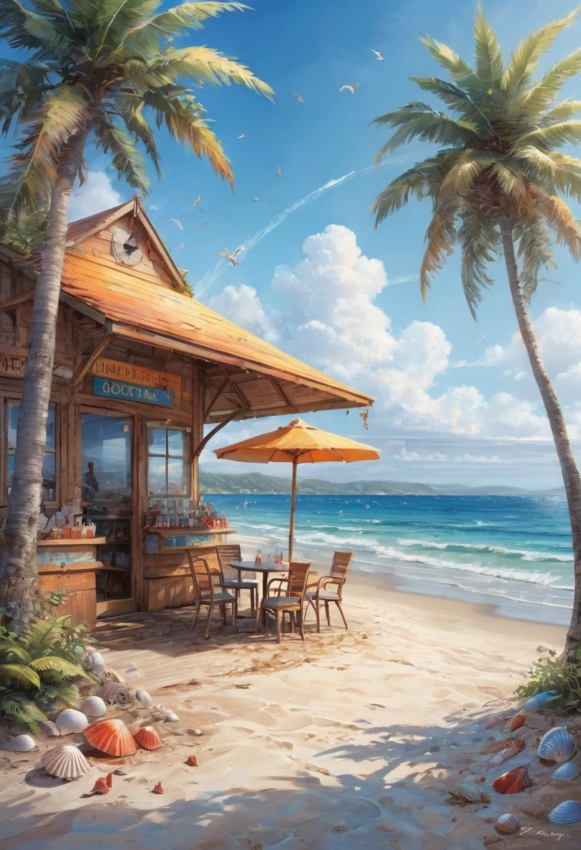 Blue Coast, a beautiful coastline overlooking the deep blue ocean, sandy beaches and crashing waves, palm trees swaying in the gentle breeze, clear blue skies with fluffy white clouds, a lone sailboat in the distance, sparkling sunlight reflecting on the water, seashells scattered on the beach, children building sandcastles, seagulls soaring in the sky, a small beachside cafe serving refreshing drinks, vibrant and saturated colors, soft and warm sunlight, a peaceful and serene atmosphere, a sense of tranquility and relaxation (best quality,ultra-detailed,highres,professional:1.2),coastal landscape,photorealistic,exquisite brushwork,subtle textures and details,layers of vibrant colors,emphasizing the beauty of the ocean, capturing the essence of a summer beach day