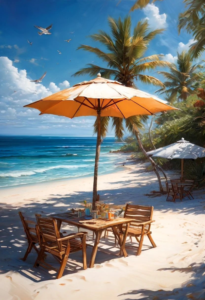 Blue Coast, a beautiful coastline overlooking the deep blue ocean, sandy beaches and crashing waves, palm trees swaying in the gentle breeze, clear blue skies with fluffy white clouds, a lone sailboat in the distance, sparkling sunlight reflecting on the water, seashells scattered on the beach, children building sandcastles, seagulls soaring in the sky, a small beachside cafe serving refreshing drinks, vibrant and saturated colors, soft and warm sunlight, a peaceful and serene atmosphere, a sense of tranquility and relaxation (best quality,ultra-detailed,highres,professional:1.2),coastal landscape,photorealistic,exquisite brushwork,subtle textures and details,layers of vibrant colors,emphasizing the beauty of the ocean, capturing the essence of a summer beach day