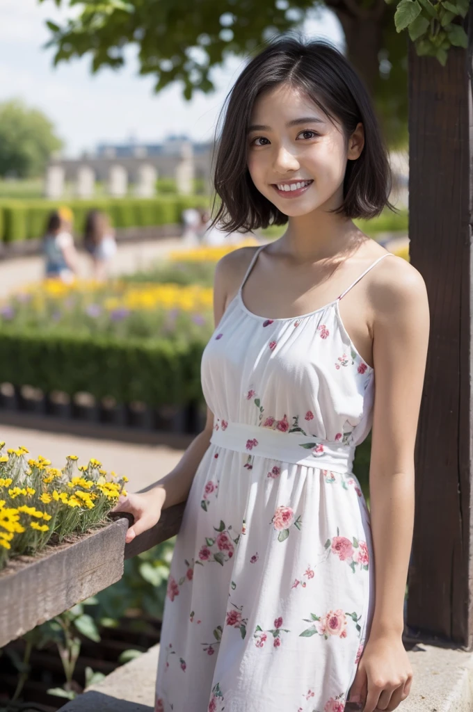 masterpiece, highest quality, disorganized, perfect anatomy, 1 girl, alone, pascal tales, short hair, beautiful, Hilarious, sunny day, botanical garden, Summer winds, sundress, Floral, wavy hair, smile