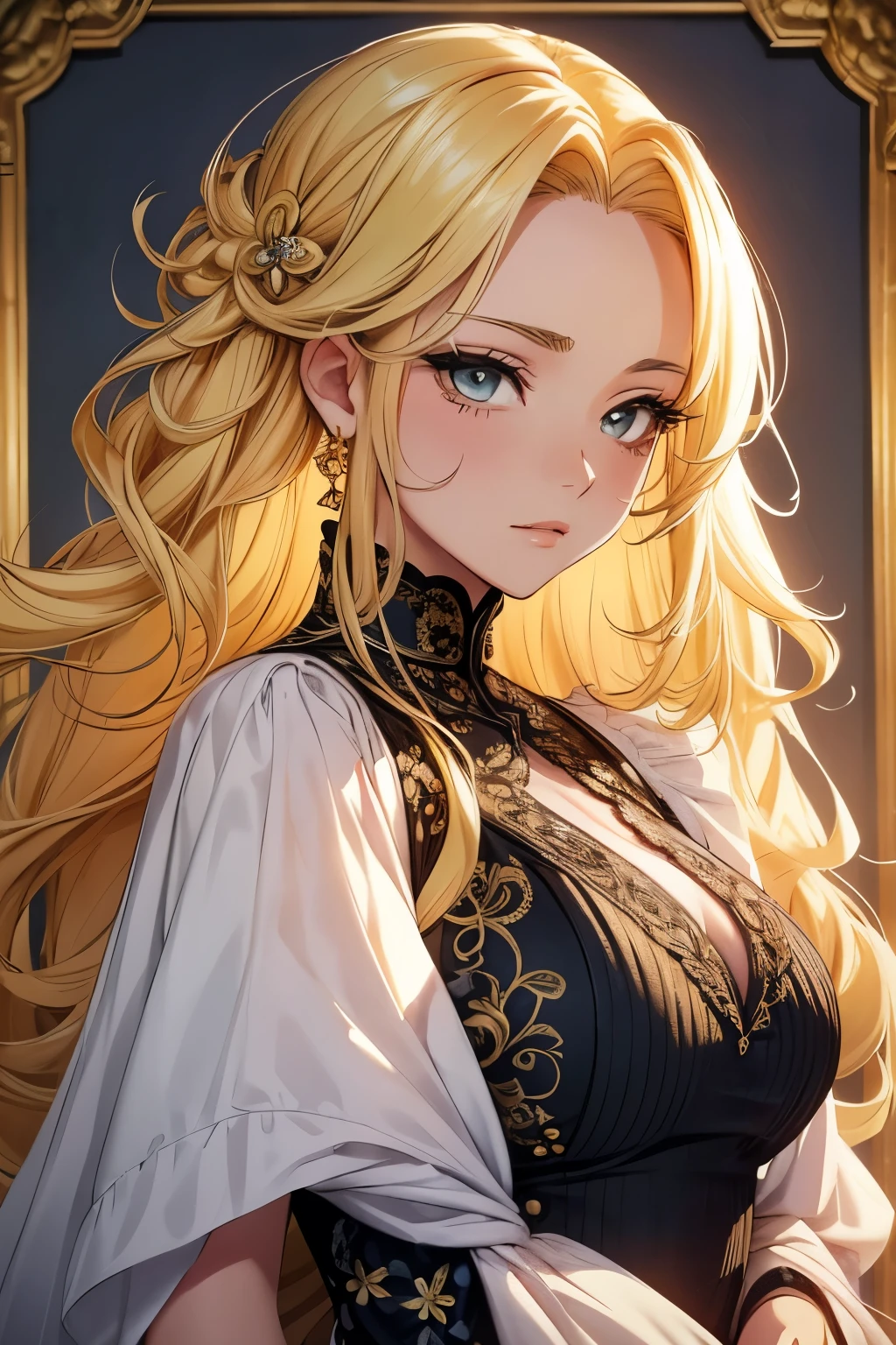 A beautiful girl in anime style, with yellow hair curls that cascade down her shoulders, is depicted in this masterpiece of top-quality art. The styling of her outfit and the composition of the image are meticulously planned, showcasing intricate hyperdetalization.

The girl's exquisite facial features are accentuated by her expressive, large, beautiful eyes, framed by long, elegant lashes. Her hair is artistically rendered, each strand carefully crafted to mimic the natural bounciness of yellow curls.

The background is thoughtfully designed, adding depth and dimension to the image. The intricate details in her outfit, from the intricate patterns