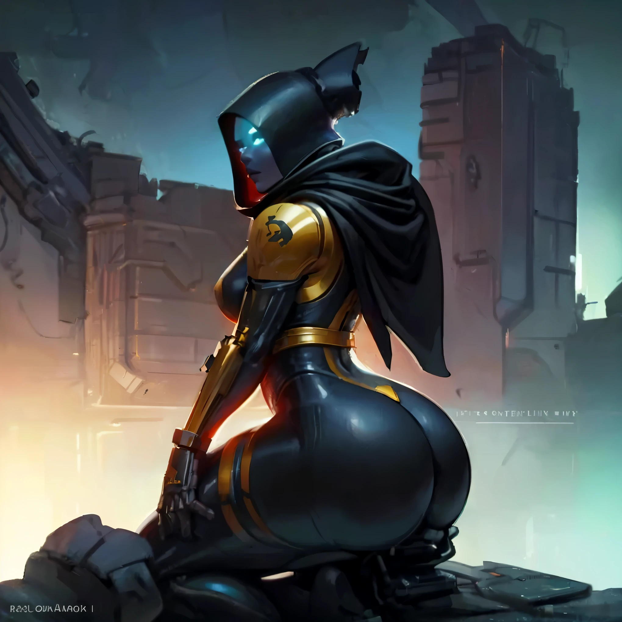 Robot girl, hips, wearing a hood with a cape, perched on a rock, shoreline, beautiful thighs, curvaceous butt, captivating legs, cool robotic mask, super tall, one person, ass support, holding staff, (best quality,4k,8k,highres,masterpiece:1.2), ultra-detailed, (realistic,photorealistic,photo-realistic:1.37), HDR, UHD, studio lighting, ultra-fine painting, sharp focus, physically-based rendering, extreme detail description, professional, vivid colors, bokeh, portraits, landscape, horror, anime, sci-fi, photography, concept artists, warm color tone, vibrant lighting