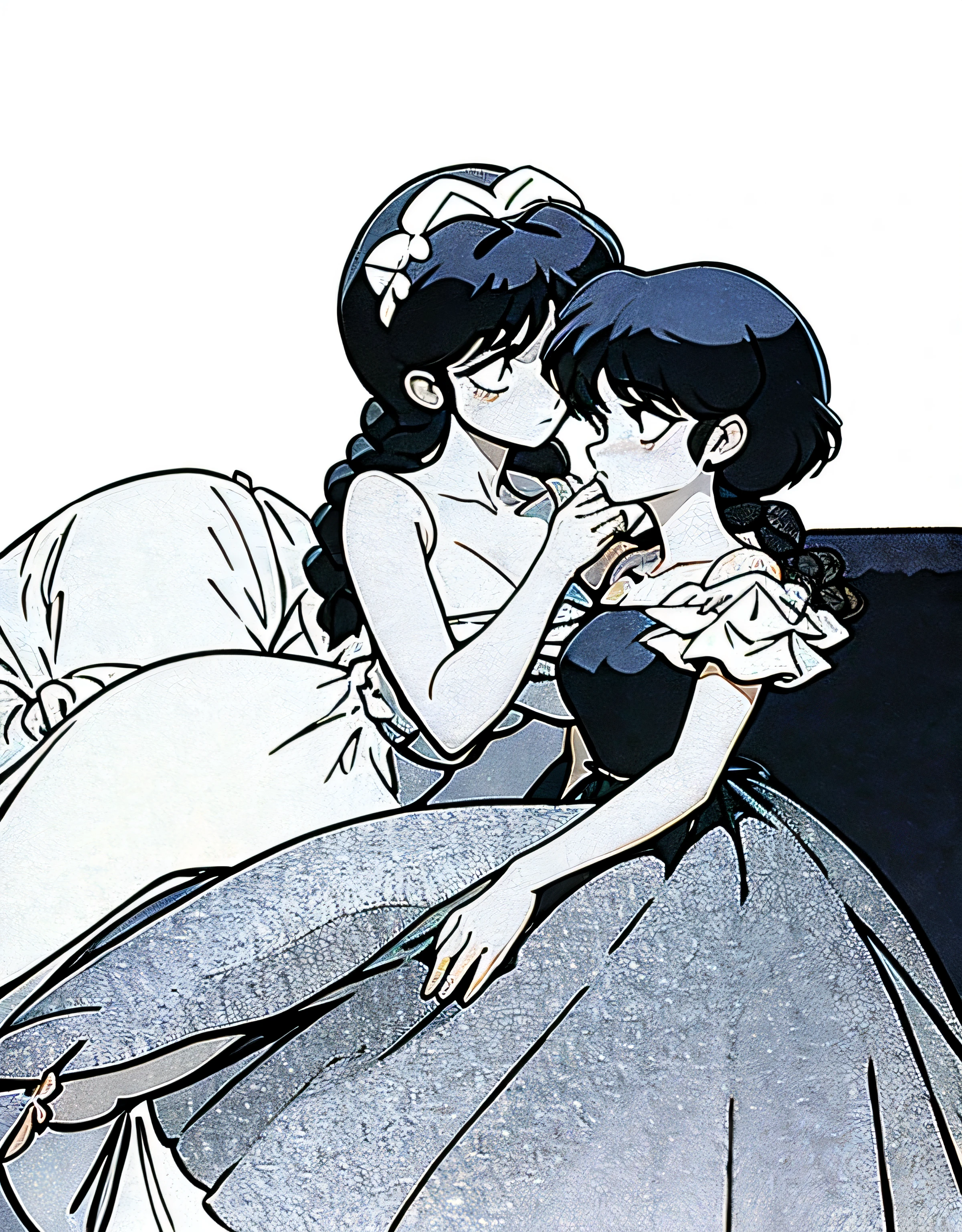 Duas Garotas anime realista apaixonadas, garota ruiva e garota de cabelo preto, garota ruiva com vestido longo azul e branco de casamento saia, garota de cabelo preto observando sua amiga ruiva, 16 anos, corpo bonito, seios grandes, with hand on chin,, Garota sexy, red short hair with braid, mechas de cabelo laterais, mechas de cabelo na lateral do rosto, beautiful lighting, sombras suaves, olhos azuis, short hair with braid, estilo anime, Ranma Chan, Autora Rumiko Takahashi, Baseado em obra de Rumiko Takahashi, Anime Ranma 1/ 2, decote sexy, corpo inteiro, corpo inteiro, busto grande, garota jovem, corpo belo e bonito, garota 16 anos jovem baixa estatura, usando vestido longo azul e branco, garota anime, estilo anime, ao ar livre, red hair braid, anime colorido