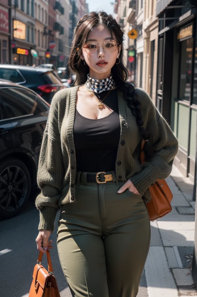 (masterpiece1.5),adult lady,Huge breasts,Solo,(((braid))), Long hair, half-opened mouth,(Red Frame Glasses),(Black hair), (large eyes with double eyelids),(Thick lip),(lofty nose),(High gauge (tight fitted:1.1) (Black:1.3) turtle neck:1.1), (Tuck-in:1.3), (Orange Cardigan:1.2), (checkered (Dark olive green) Tapered pants:1.3), Dark brown belt, Gold necklace, (Dark brown:1.1) lowfers,Nice backgrounds for your subject、beatiful backgrounds、spot light、Vibrant colors、(((Detailed drawing)))、Perfect Beautiful Girl