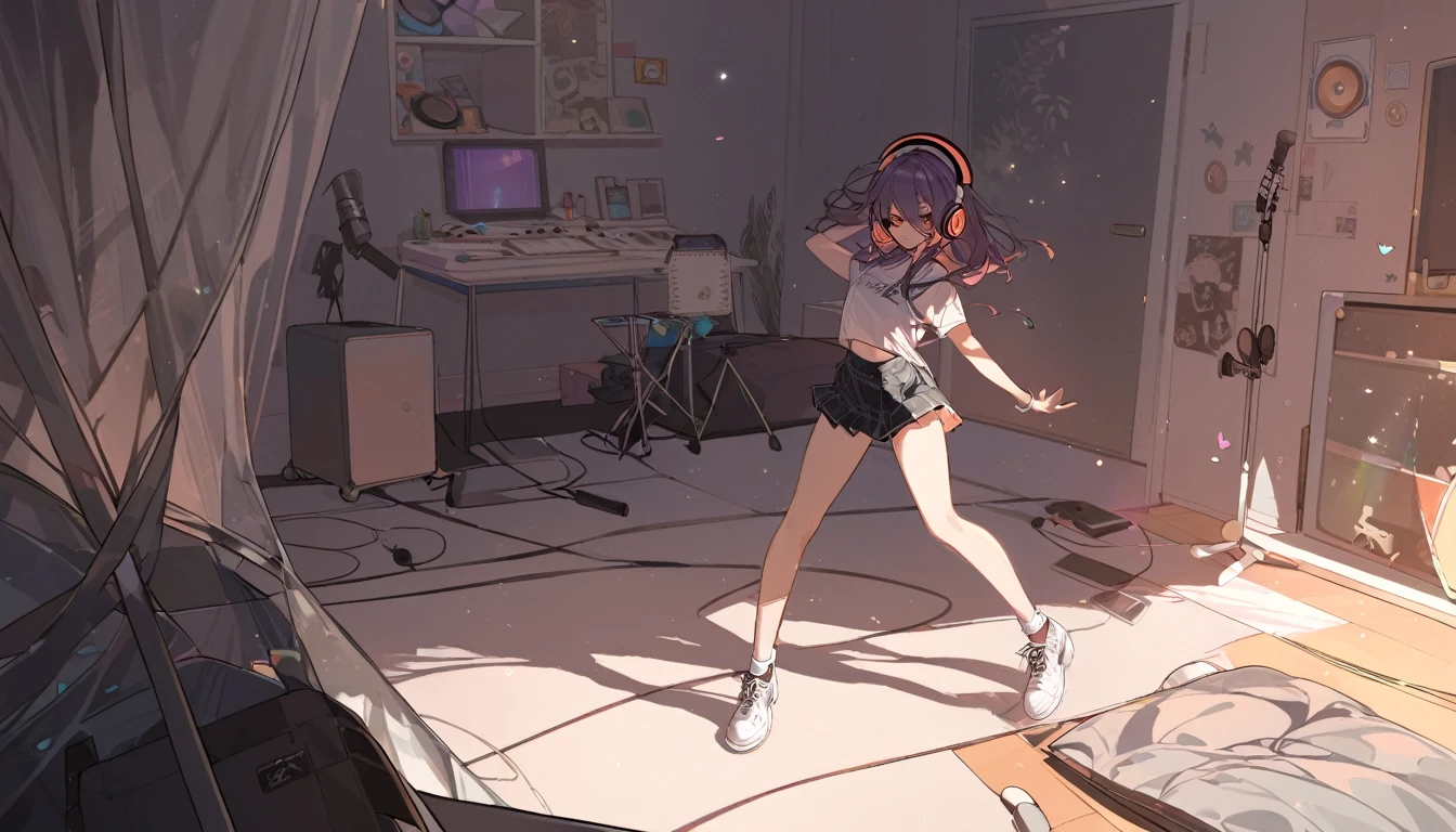 A girl dancing solo with headphones on in her room - "Solo jam session",chat ear