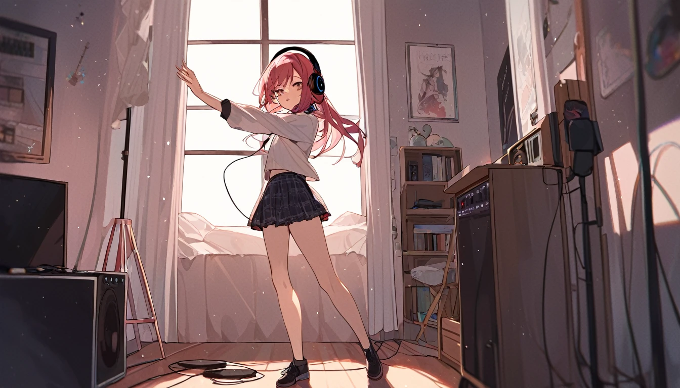 A girl dancing solo with headphones on in her room - "Solo jam session",chat ear