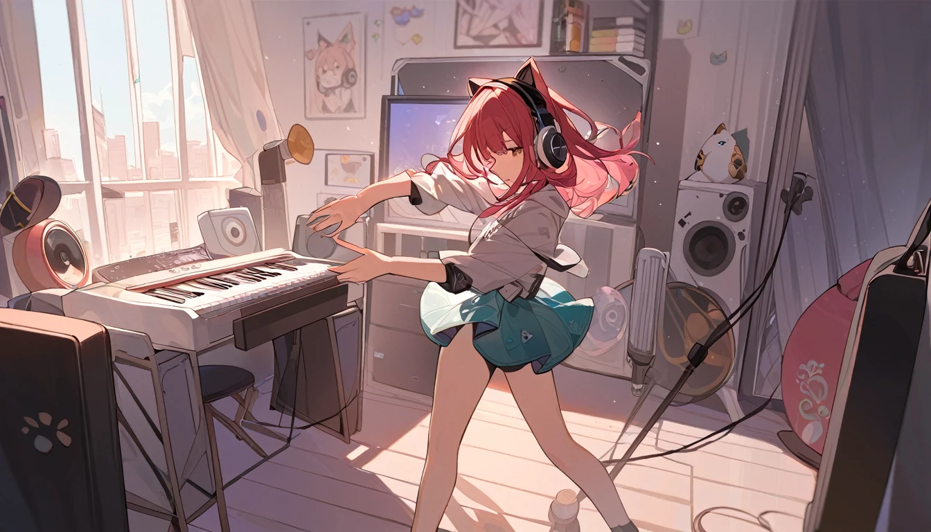 A girl dancing solo with headphones on in her room - "Solo jam session",chat ear、Dancing Girl