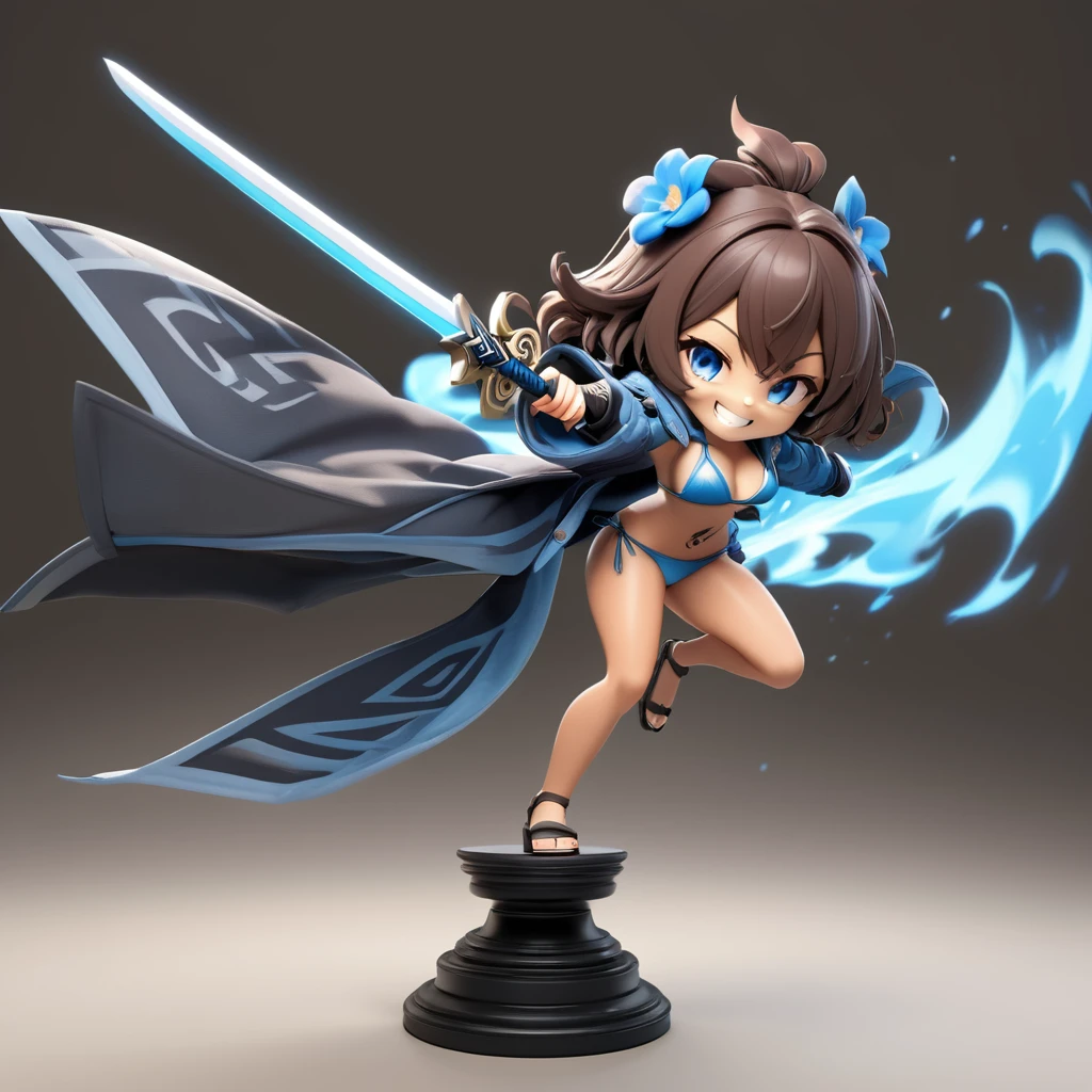 3D figure,high quality photo of figure, cleary outlined, very cute and bautiful anime 1girl,(warrior,swordswoman:3.5), (Dynamic posing, holding long sword on pedestal:3.0), (grin:3.5), (short-pants-bikini,midriff jacket:3.5),(chibi:2.5), (solo:2.0), (full body:4.0), simple and flat background, (masterpiece,best quality,ultra detailed,extremely detailed,absolutely resolution,absurdres,8k), BREAK,(highly detailed face and eyes:4.0),(dark_skin:5.5),(tribal_tatoos:4.5),(wavy hairs),(long hairs),(messy hair),(asymmetry bangs),(dark brown hair, red streaked hair, blue streaked hair:3.5),(blue-eyes:3.5),(flower hair ornament:3.5),(Intricate Iris Details,Depth and Dimension in the Pupils:2.5),