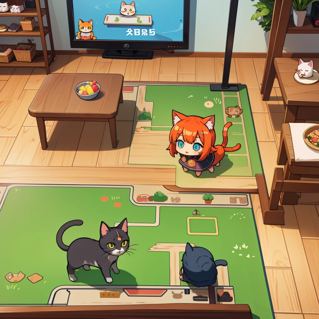 chibi, cats, standing, cat focus, Cat Restaurant, Simulation games, Game screen, meow, Birds-eye view, miniscape, cute