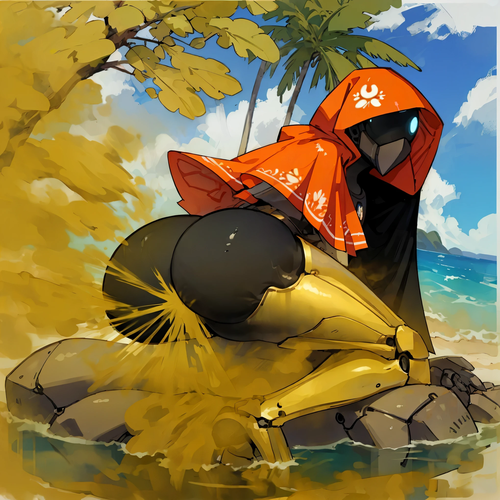 (best quality,highres),robot girl at the beach, large metal hips, wearing a hood with a cape, perched on a rock, near a palm tree, exposed mechanical thighs, butt, cool robotic mask, cyclops, shiny metallic surface, vibrant colors, warm sunlight, sparkling ocean waves, sandy beach, tropical atmosphere, strong and confident pose, futuristic technology, realistic details, intricate designs, beautiful reflection, serene environment