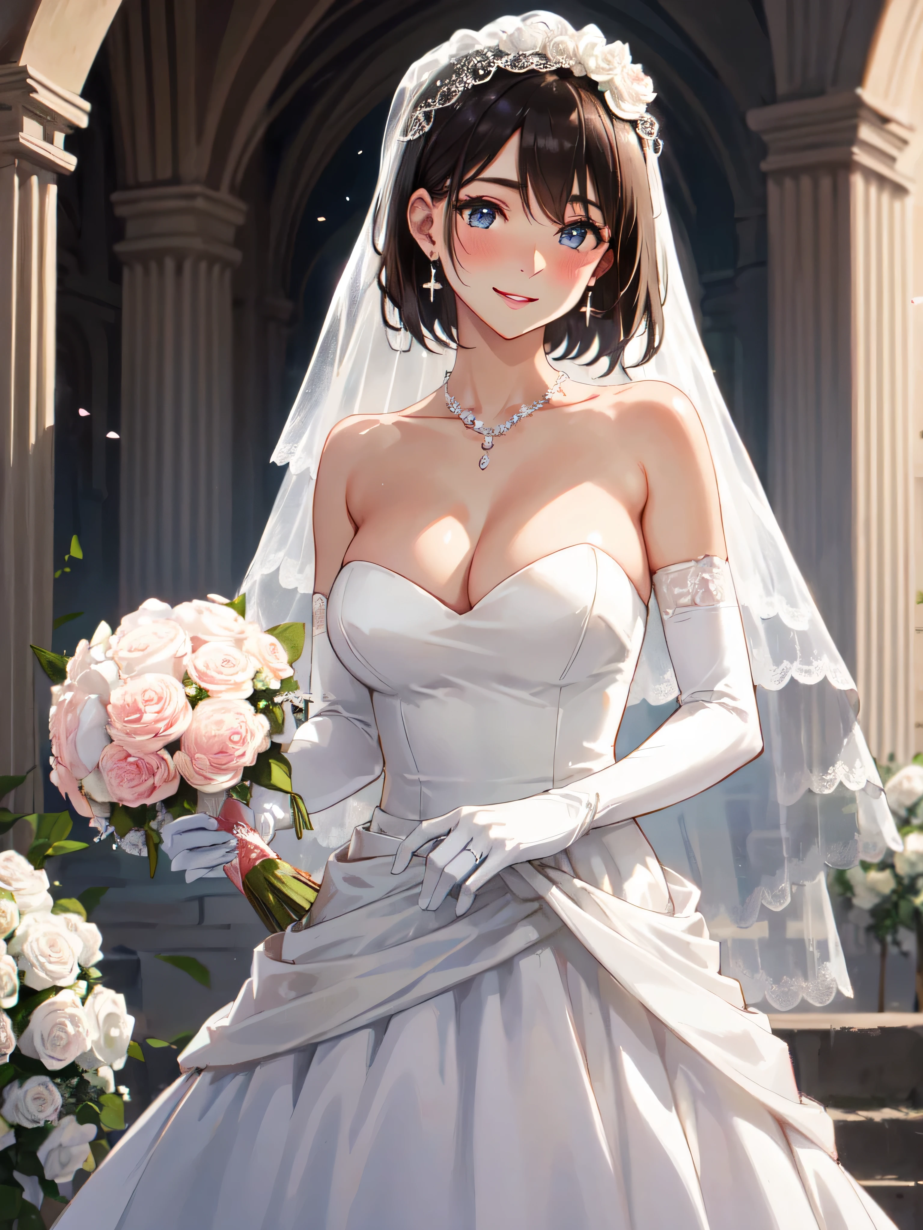 (masterpiece:1.2, highest quality, Ultra-high resolution, Super detailed), (Realistic, photoRealistic:1.4), Beautiful illustrations, (Natural Side Lighting, Cinema Lighting), Depth of written boundary,
View your viewers, Bust photo, 1 girl, , Perfect Face, (Perfect Anatomy), Cute and symmetrical face, Baby Face, S,
(short hair:1.5, Half Up:1.5, Brown Hair), Hair between the eyes, blue eyes, Pink Lips, Long Eyelashes, (Large Breasts:1.3),
Beautiful Hair, Beautiful Face, Beautiful fine details, Beautiful clavicle, Beautiful body, Beautiful breasts, Beautiful thighs, Beautiful feet, Beautiful fingers,
Detailed cloth texture, wedding princess dress, Head flower, Head ornament, (Bandeau wedding dress:1.5), (Silk dress:1.2), (Strapless Wedding Dress:1.5),
plain white dress, necklace, Earrings, Cleavage, bouquet, (Lace gloves:1.2), (Bridal Veil:1.2),(Short transparent veil:1.2),
(Beautiful views), evening, (garden, Cherry Blossom, Outside the church) Are standing, (Smile, blush),