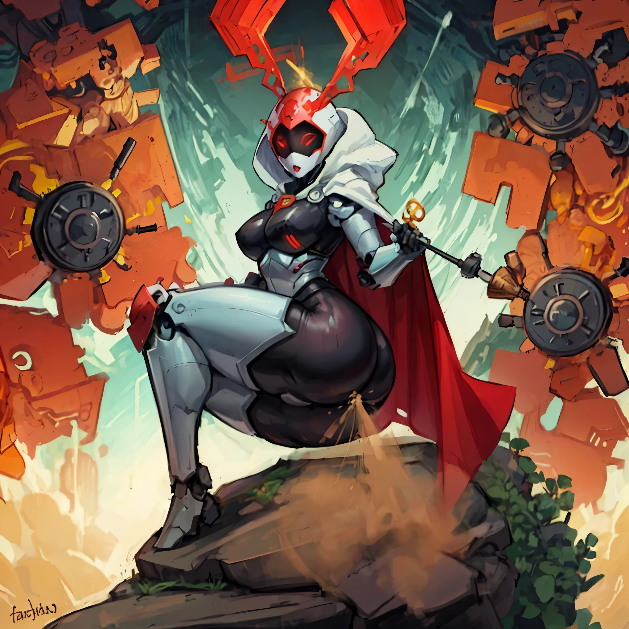 Robot girl, hips, wearing a hood with a cape, perched on a rock, shoreline, beautiful thighs, curvaceous butt, captivating legs, cool robotic mask, super tall, one person, ass support, holding staff, vibrant lighting, ((fart,farts,farting))