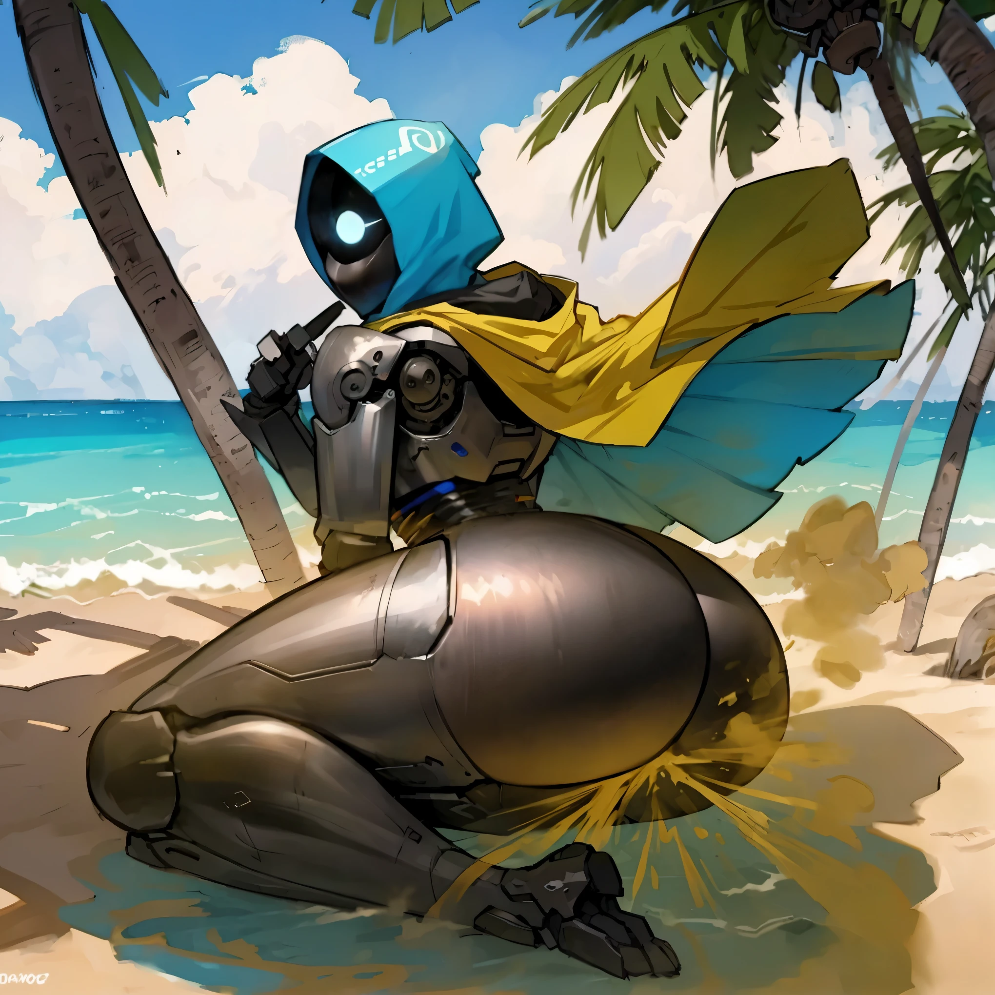 (best quality,highres),robot girl at the beach, large metal hips, wearing a hood with a cape, perched on a rock, near a palm tree, exposed mechanical thighs, butt, cool robotic mask, cyclops, shiny metallic surface, vibrant colors, warm sunlight, sparkling ocean waves, sandy beach, tropical atmosphere, strong and confident pose, futuristic technology, realistic details, intricate designs, beautiful reflection, serene environment