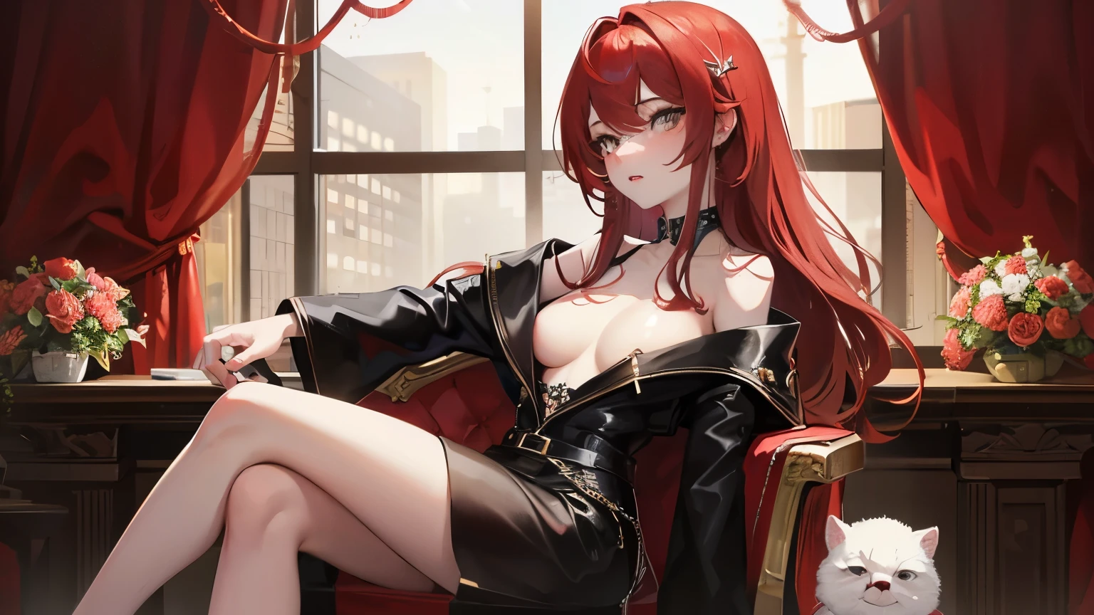 red long hair, masterpiece work, best quality, high resolution;,Improved detail,best quality,Perfect image quality,beautiful and sexy, first person view, small spots under the eyes , pretty, 큰 chest, 8K, ,chest 크게, pure white skin, chest, Beloved, excitement, beautiful, My heart is pounding, red hair, glamour, girl friend, Gray-eyed pupils,hip, glamour, big breast, Sitting cross-legged, sitting on a chair, Queen, Overlooking, sole, superior, black dress, Sneering,