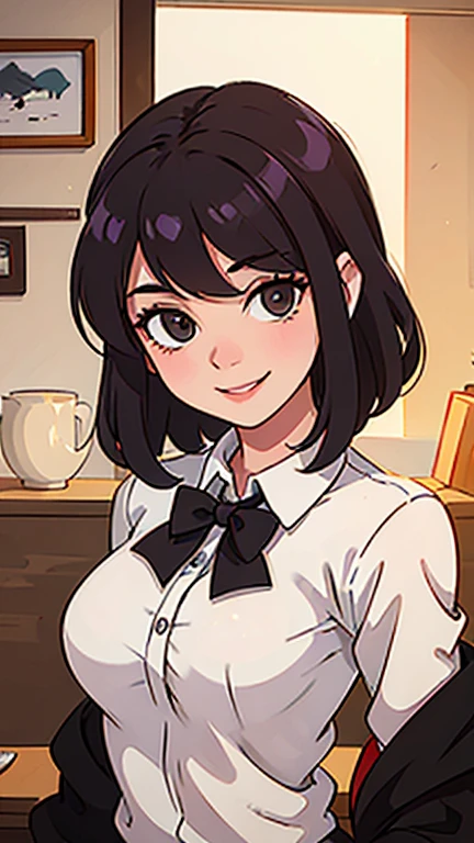 A young and pretty woman smiling and looking at you,