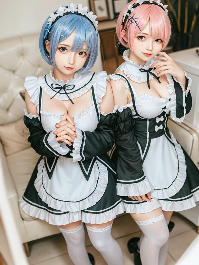 (8K, Photorealistic, Raw photo, of the highest quality: 1.3), (1girl in), Super beautiful, (Realistic face), (boyish, pink Color Berry Shorthair), Beautiful , Glare that captivates the viewer, Beautiful expression, Beautiful breasts, (Realistic skin), Be...Create a detailed and colorful image of Ram and Rem from Re:Zero, standing back-to-back in their maid outfits, with a magical fantasy background、14years old, two girls,cute, perfect face, beautiful, nice body, gothic lolita clothes, gothic lolita fashion, frilly skirt, headdress, necklace, bracelet, knee-high socks, boots, double eyelids, tear bags, Detailed down to the fingers, photo-like description, indoors, dim indoor lighting, one girl is pink hair and short bob, another girl is light blue hair and short bob,standing,whole body, composition that shows the whole body, smiling,The Both of them are wearing the same type of maid outfit,Optimal ratio of 4 fingers and 1 thumb