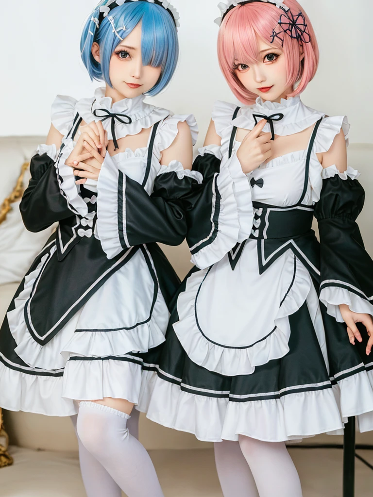 (8K, Photorealistic, Raw photo, of the highest quality: 1.3), (1girl in), Super beautiful, (Realistic face), (boyish, pink Color Berry Shorthair), Beautiful , Glare that captivates the viewer, Beautiful expression, Beautiful breasts, (Realistic skin), Be...Create a detailed and colorful image of Ram and Rem from Re:Zero, standing back-to-back in their maid outfits, with a magical fantasy background、14years old, two girls,cute, perfect face, beautiful, nice body, gothic lolita clothes, gothic lolita fashion, frilly skirt, headdress, necklace, bracelet, knee-high socks, boots, double eyelids, tear bags, Detailed down to the fingers, photo-like description, indoors, dim indoor lighting, one girl is pink hair and short bob, another girl is light blue hair and short bob,standing,whole body, composition that shows the whole body, smiling,The Both of them are wearing the same type of maid outfit,Optimal ratio of 4 fingers and 1 thumb
