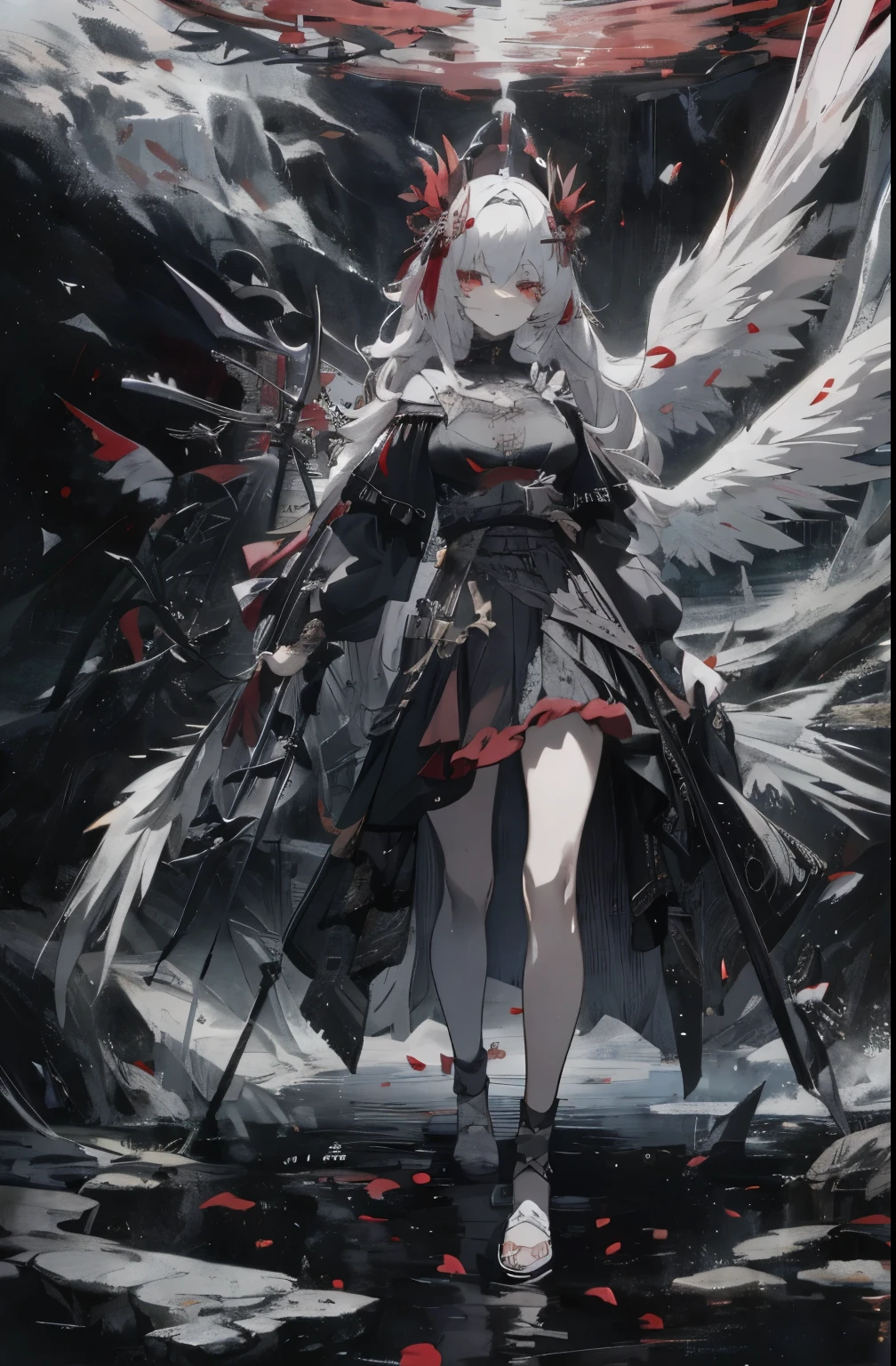 翼のあるRed and black armorを着た女性のアニメ風画像, Anime Art 4k, Anime Art 8K, beautiful girl, Well-formed face, Red Eyes, Silver long hair,  Slim body, C Cup, Angel&#39;s Black Wings, Red and black armor,  Red and black lace bra, I can see your belly, Chiffon skirt, Armor on the legs