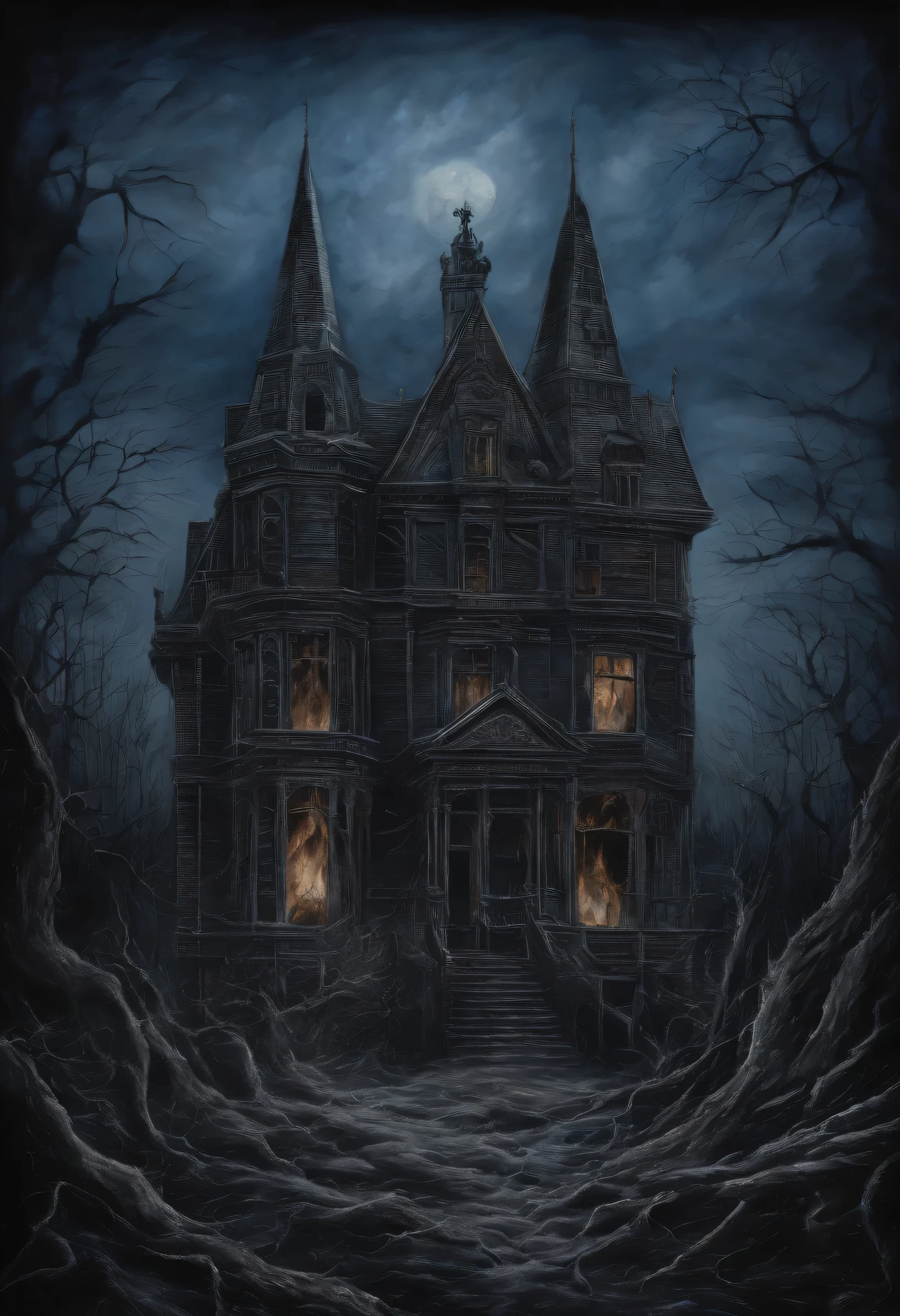 Oil painting of a deep blue sky, A fire, Something new, No estilo de trompe – L'oeil Illusionistic Detail, Blink - and - you - lose - details, Wicano, photolithography, Dark and creepy gothic, Romantic Gothic, Dark ornate gothic