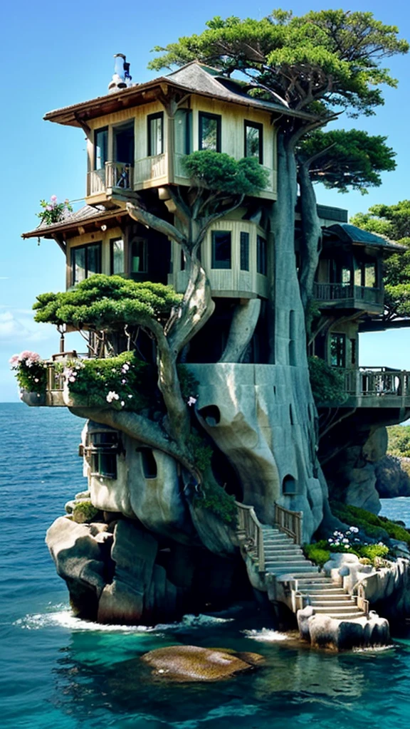 Perfection The Coolest tree house on a large rock in the middle of the sea with flowers in front of the house and trees on both sides of the house