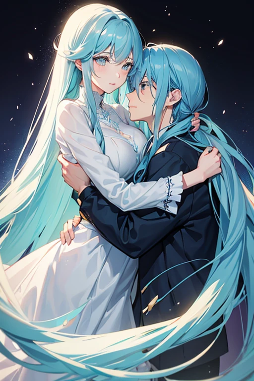 Woman with light blue long hair hugs husband