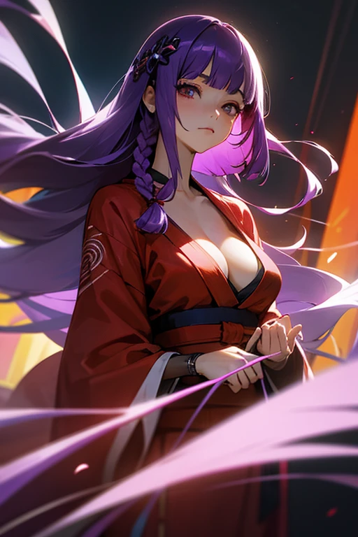 1 girl, Blunt bangs, Braiding, Wide sleeves, hair ornaments, kimono, Purple and red dress、(Purple Hair:1.2), Very long hair, Straight hair, Looking at the audience, Highly detailed background, (Realistic:1.2), Beautiful Eyes, Red eyeshadow, Written boundary depth,thigh, (Ulzzang-6500:0.7), Upper Body, (alone:1.2), (Cyberpunk City:1.1), Cleavage, Shiny skin、Hair blowing in the wind、