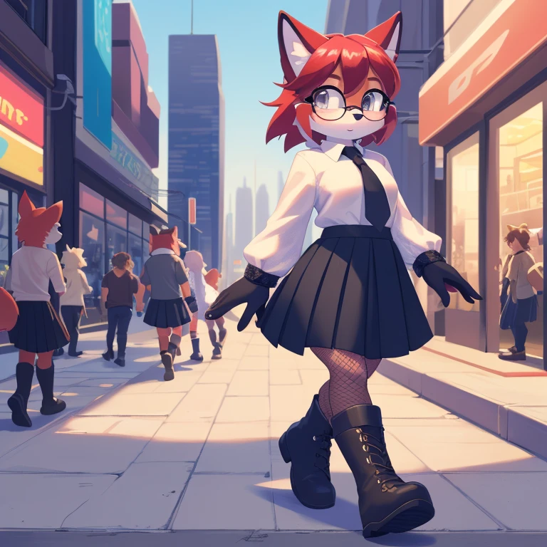 score_9, score_8_up, mobian, fox, 1girl, solo, red fur, red hair, blue highlights, streaked hair, (half-rim) glasses, grey eyes, bob cut, swept bangs, pleated skirt, black skirt, grey pantyhose, sheer pantyhose, fishnet sleeves, black boots, city, crowded, on sidewalk, expressionless, walking