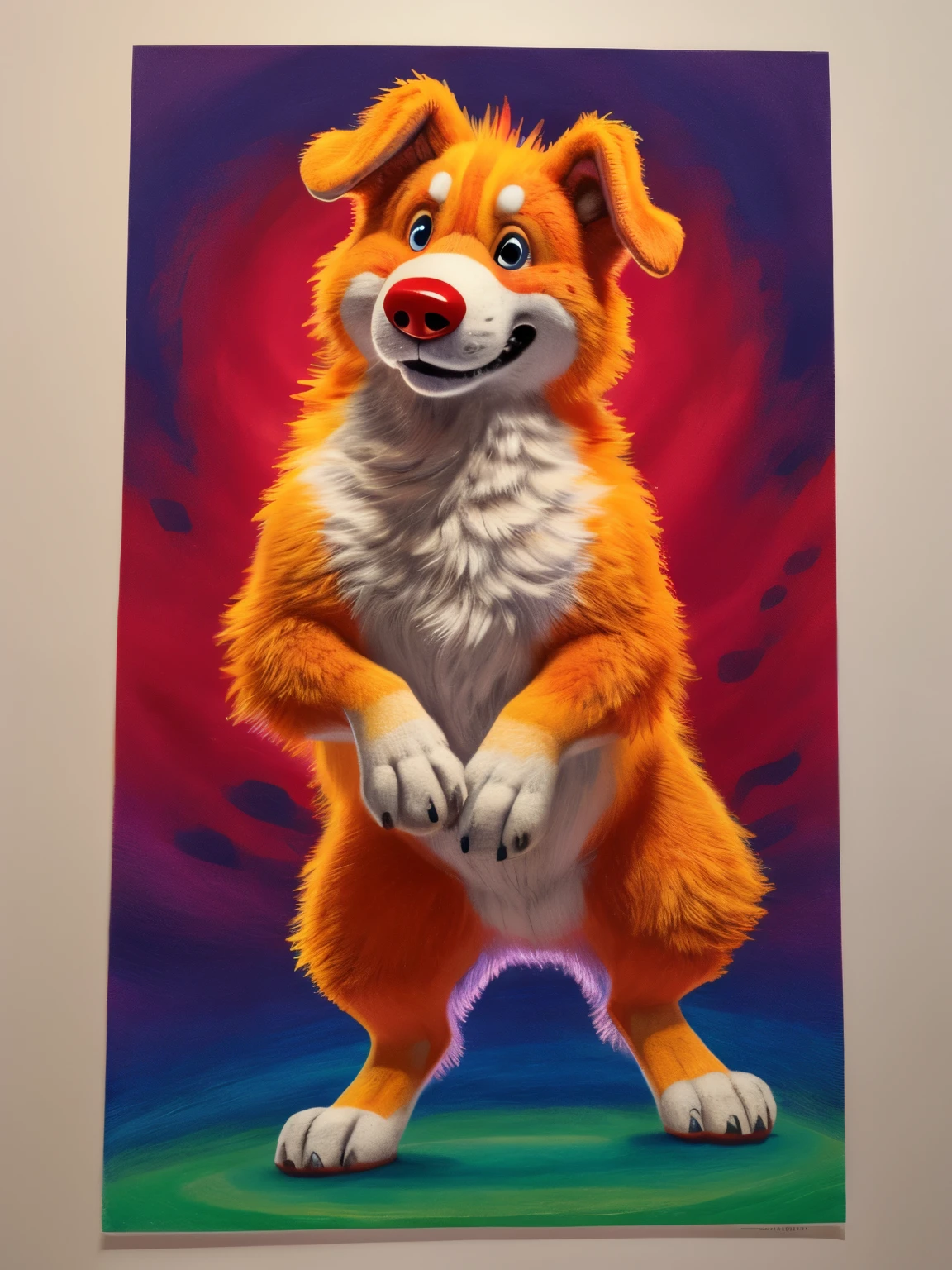 Weird dog, full body, furry, solo, quirky expression, red nose, beady eyes, mismatched ears, strange posture, detailed fur texture, cartoonish style, by SquigglyQuirks, by ScribbleScruff, by PixelPaws, high contrast, vibrant colors, playful attitude, whimsical scene, color pencil art, unusual pattern on fur.