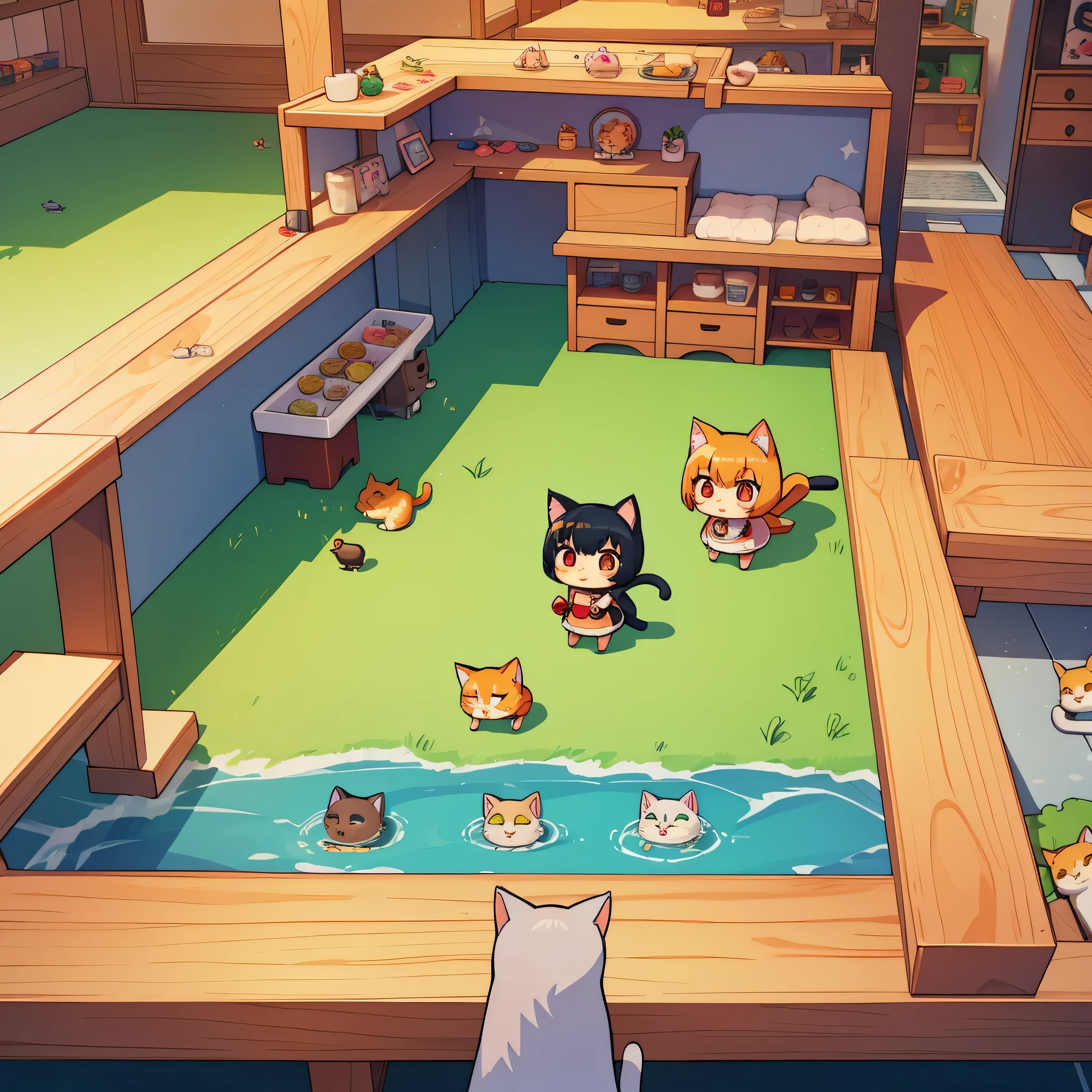 chibi, cats, standing, cat focus, Cat Restaurant, Simulation games, Game screen, meow,  Birds-eye view, miniscape, cute