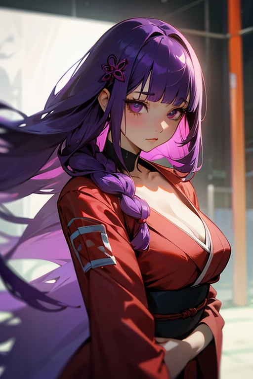 1 girl, Blunt bangs, Braiding, Wide sleeves, hair ornaments, kimono, Purple and red dress、(Purple Hair:1.2), Very long hair, Straight hair, Looking at the audience, Highly detailed background, (Realistic:1.2), Beautiful Eyes, Red eyeshadow, Written boundary depth,thigh, (Ulzzang-6500:0.7), Upper Body, (alone:1.2), (Cyberpunk City:1.1), Cleavage, Shiny skin、Hair blowing in the wind、